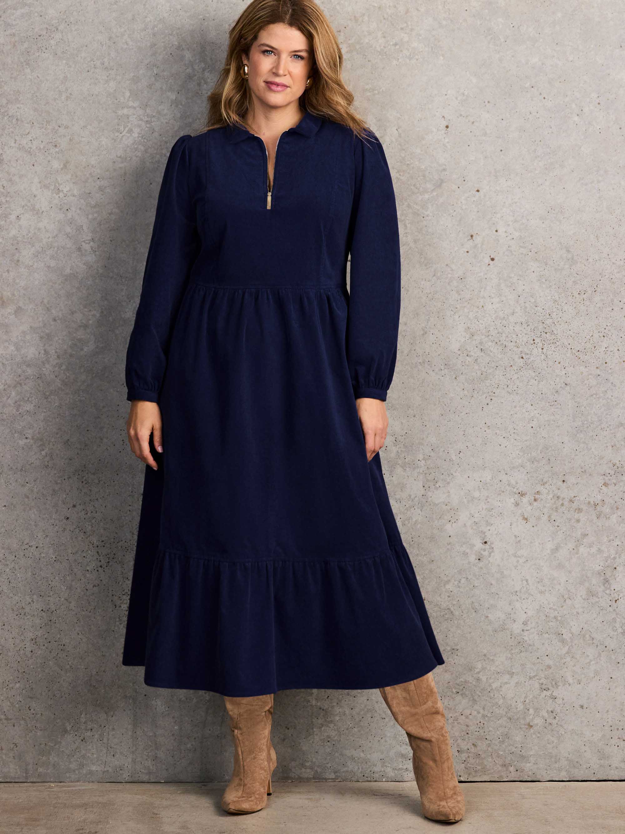 Navy Corduroy Zip-Front Midi Dress - Image 3