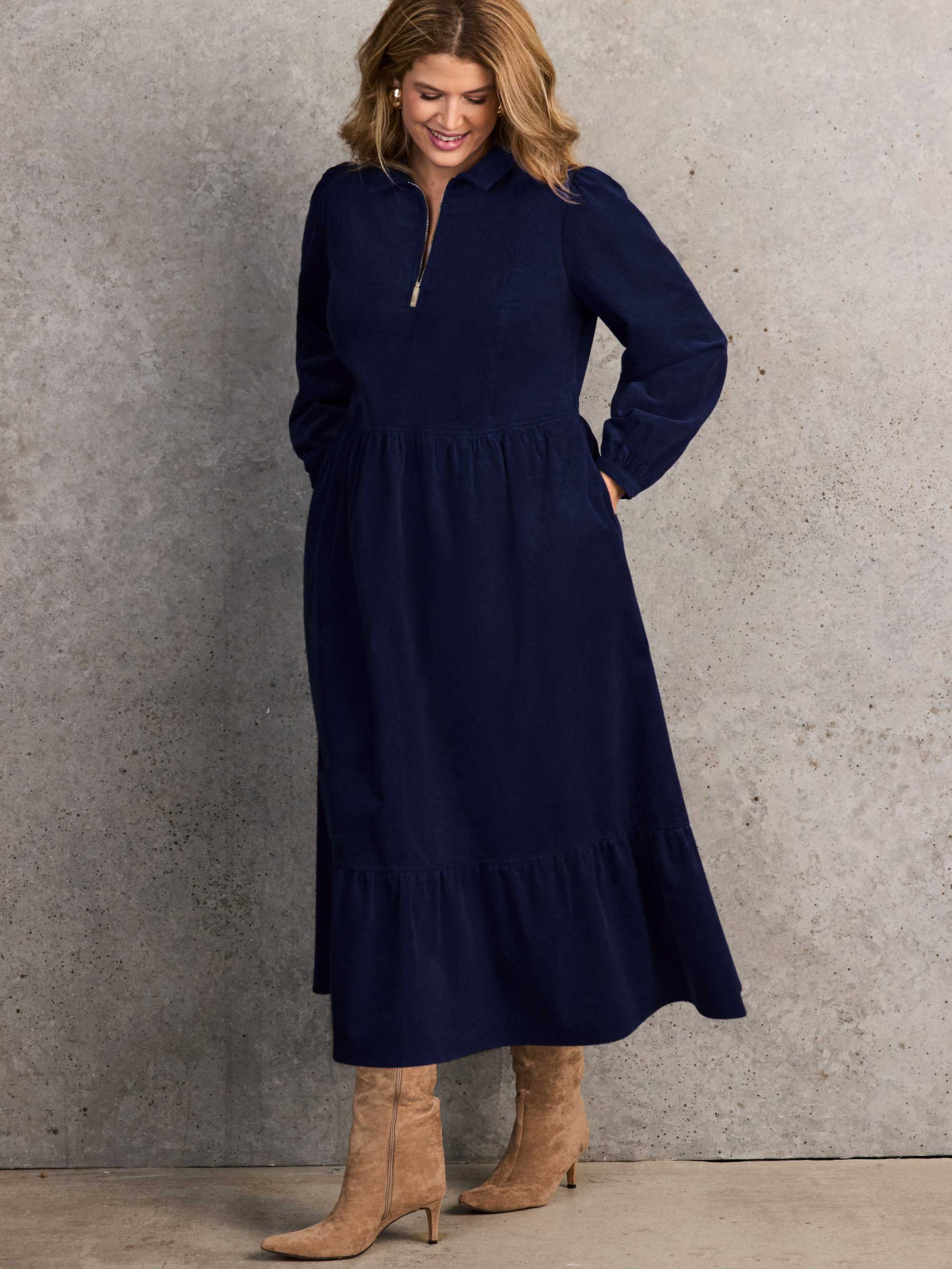 Navy Corduroy Zip-Front Midi Dress - Image 4