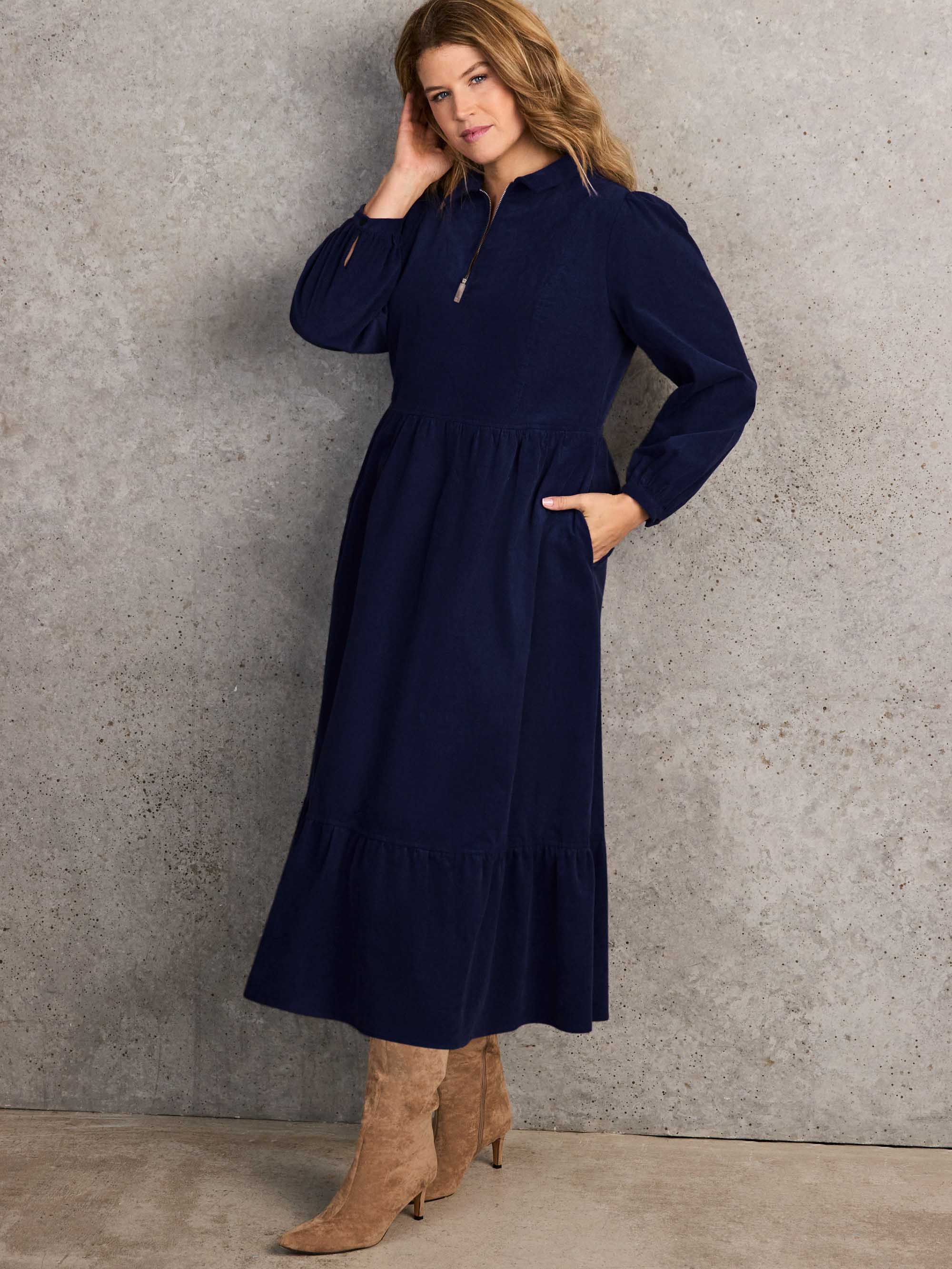 Navy Corduroy Zip-Front Midi Dress - Image 5