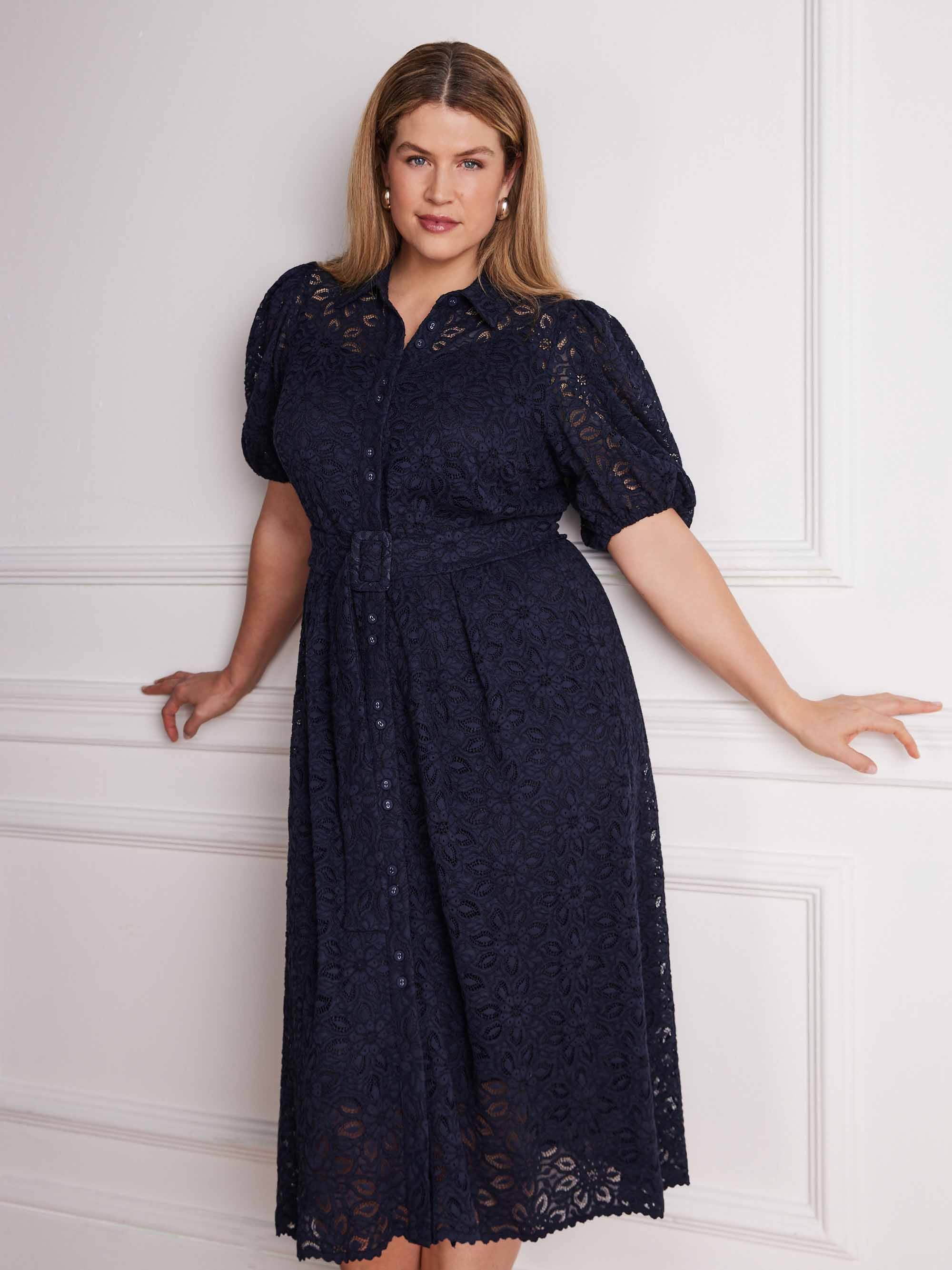 Navy Blue Puff Sleeve Button Through Belted Lace Dress - Image 3