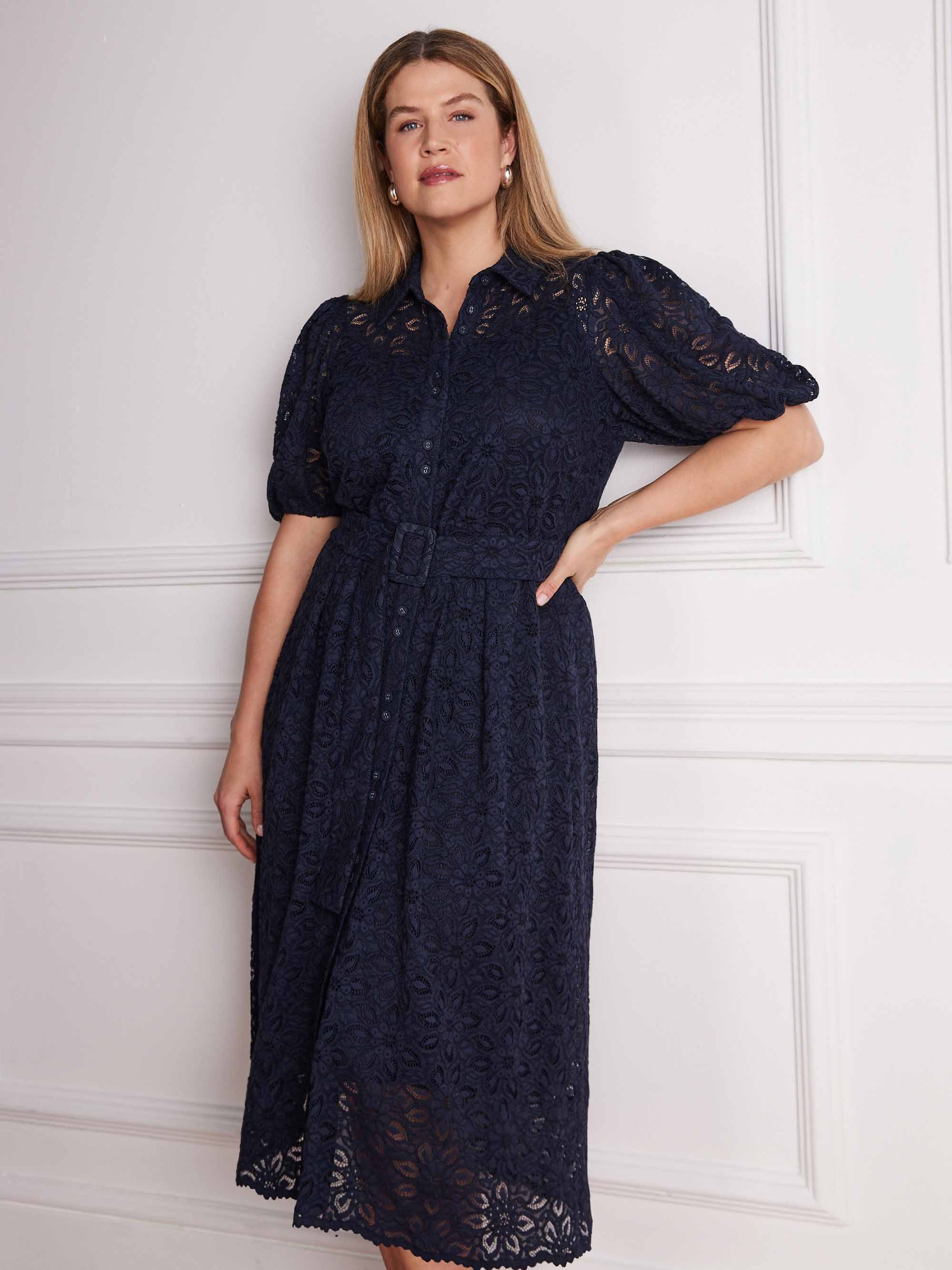 Navy Blue Puff Sleeve Button Through Belted Lace Dress - Image 4