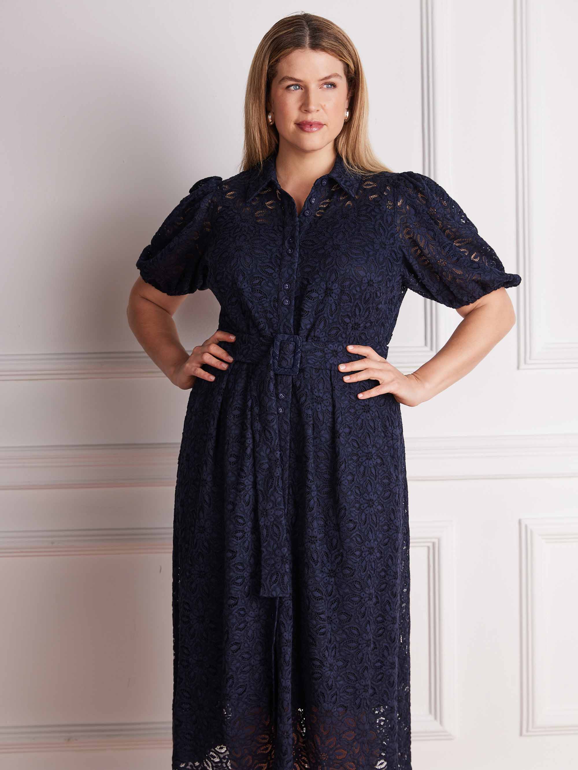Navy Blue Puff Sleeve Button Through Belted Lace Dress - Image 5