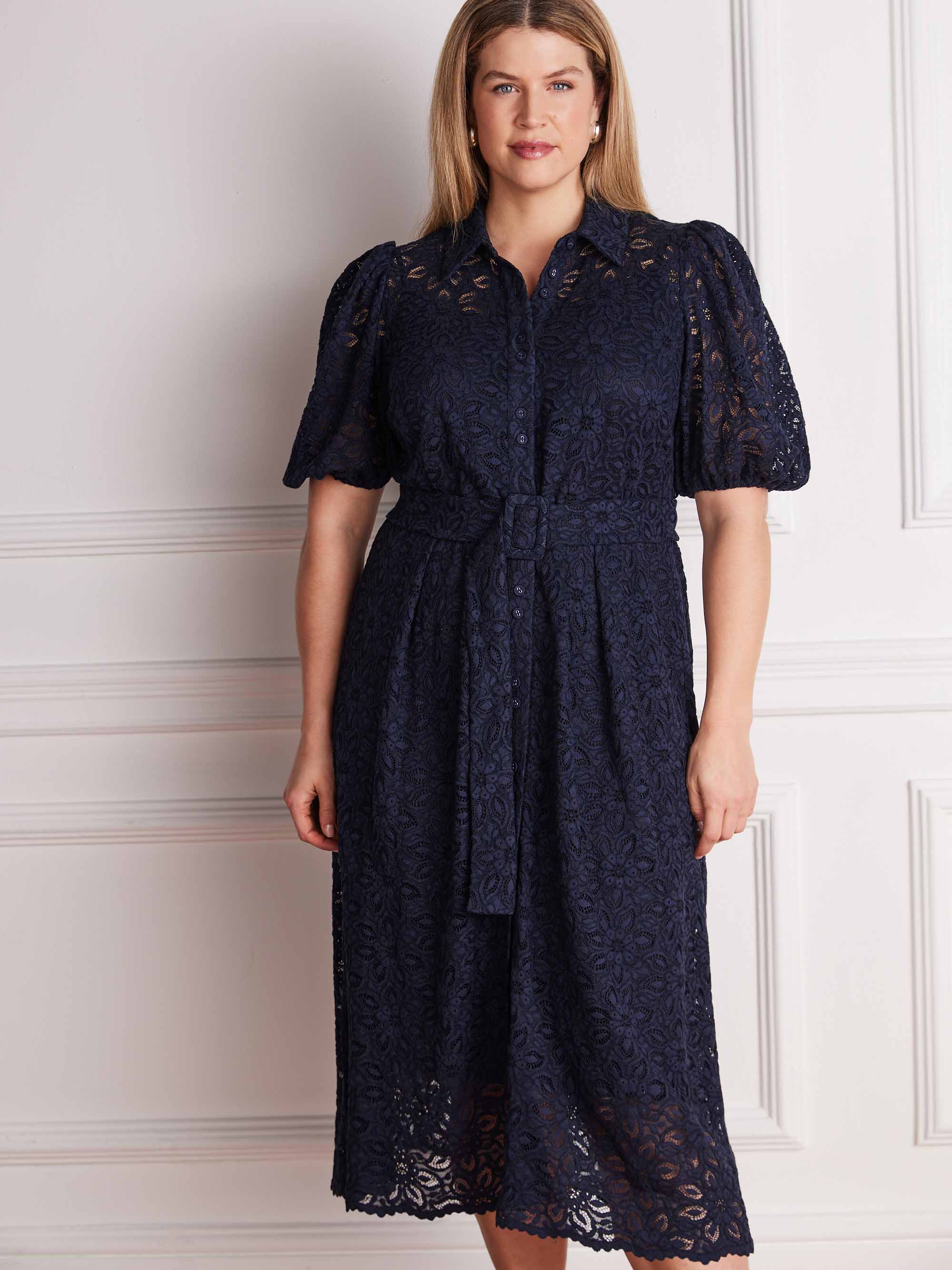 Navy Blue Puff Sleeve Button Through Belted Lace Dress - Image 6
