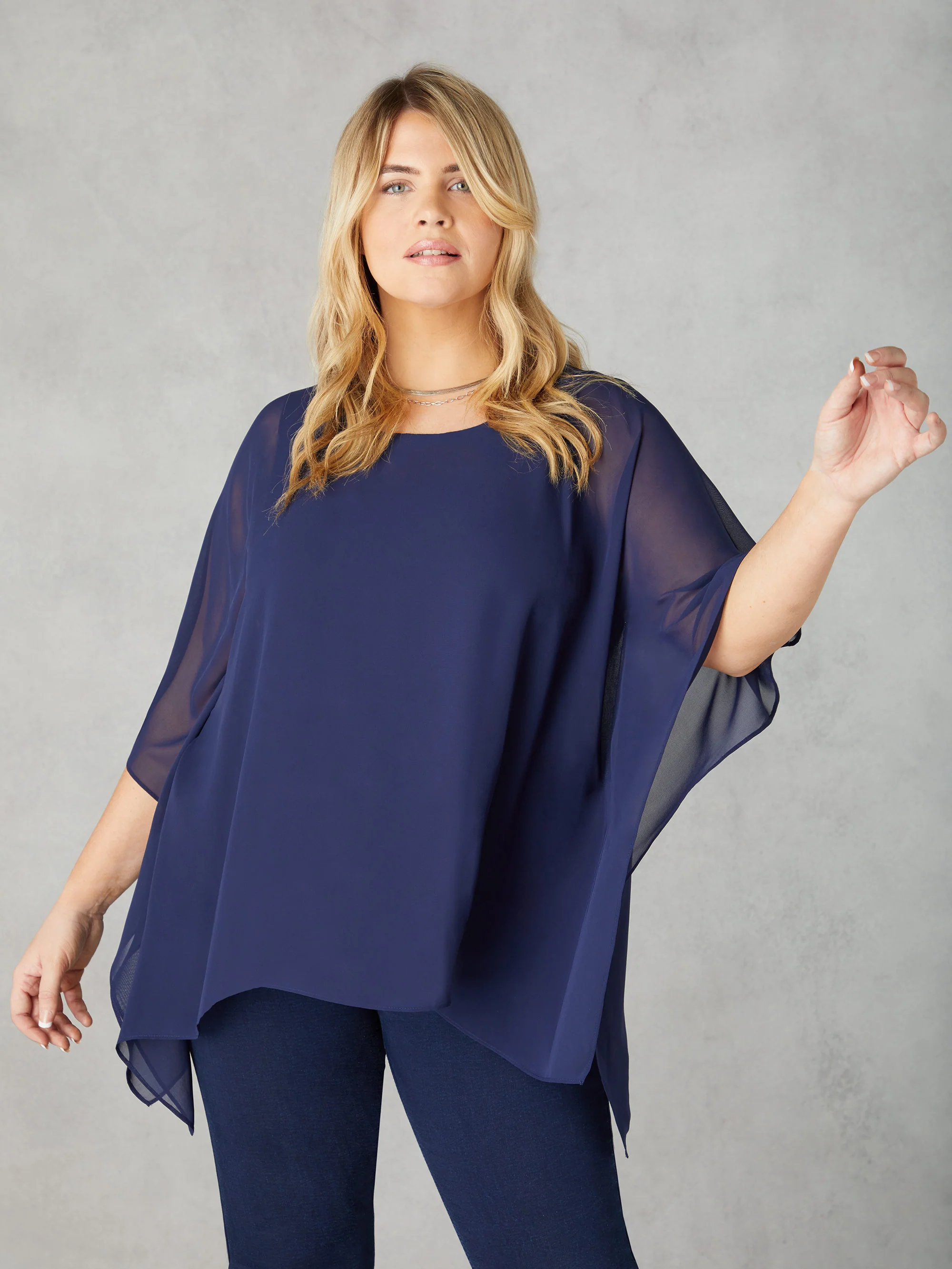 Navy Chiffon Overlay Hanky Hem Top - Image 2