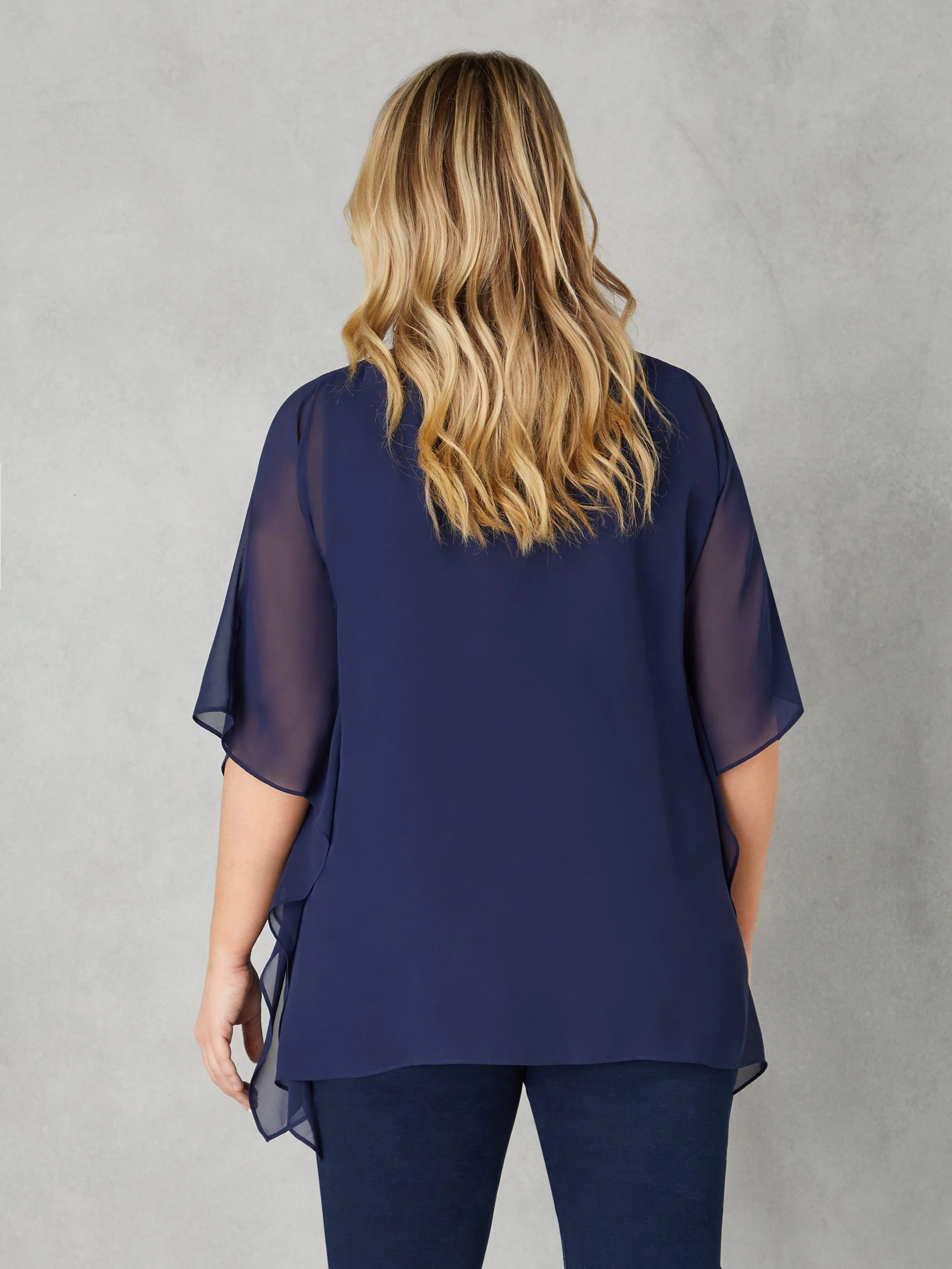 Navy Chiffon Overlay Hanky Hem Top - Image 3
