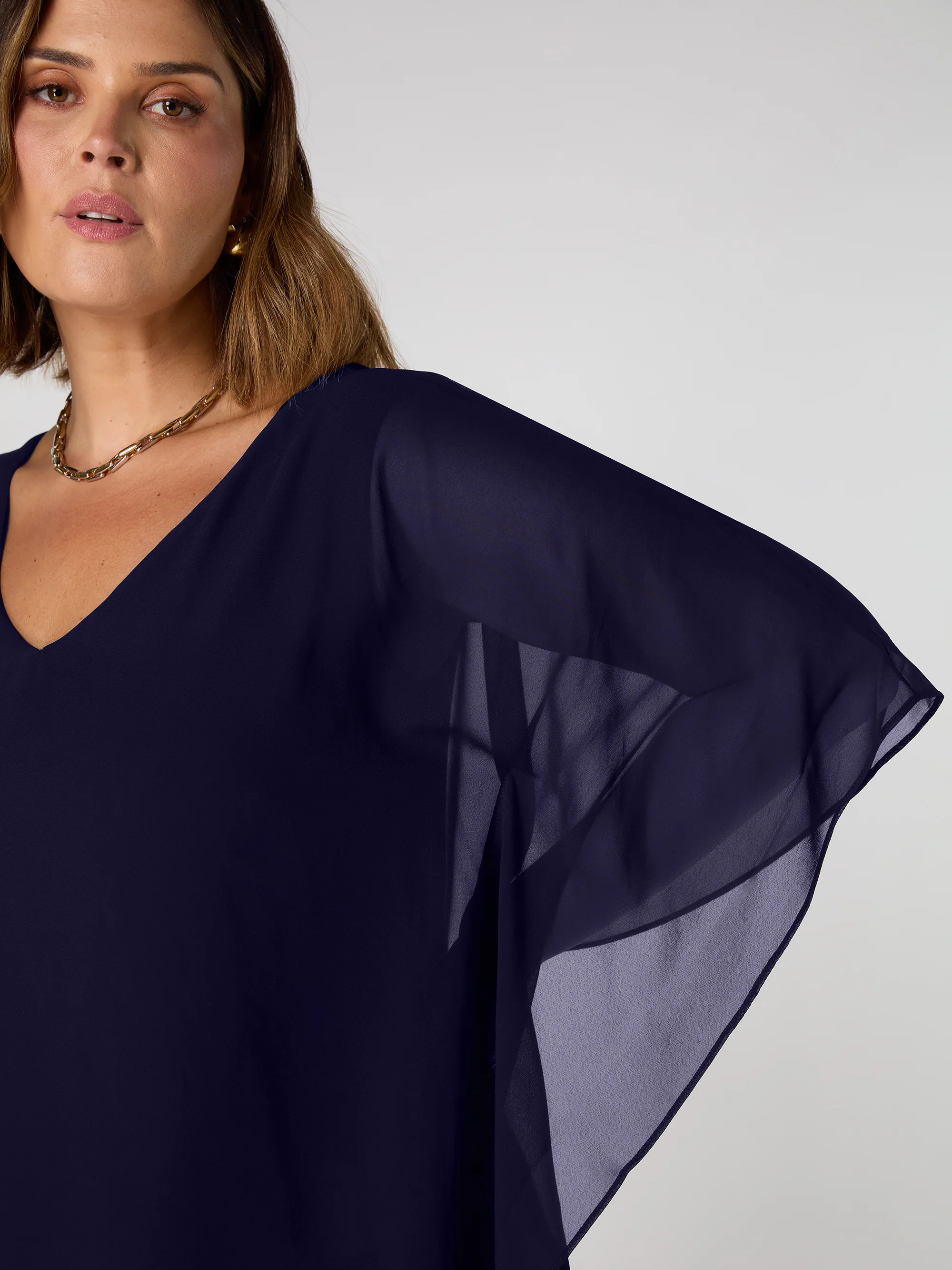 Navy Chiffon V Neck Overlay Top - Image 2