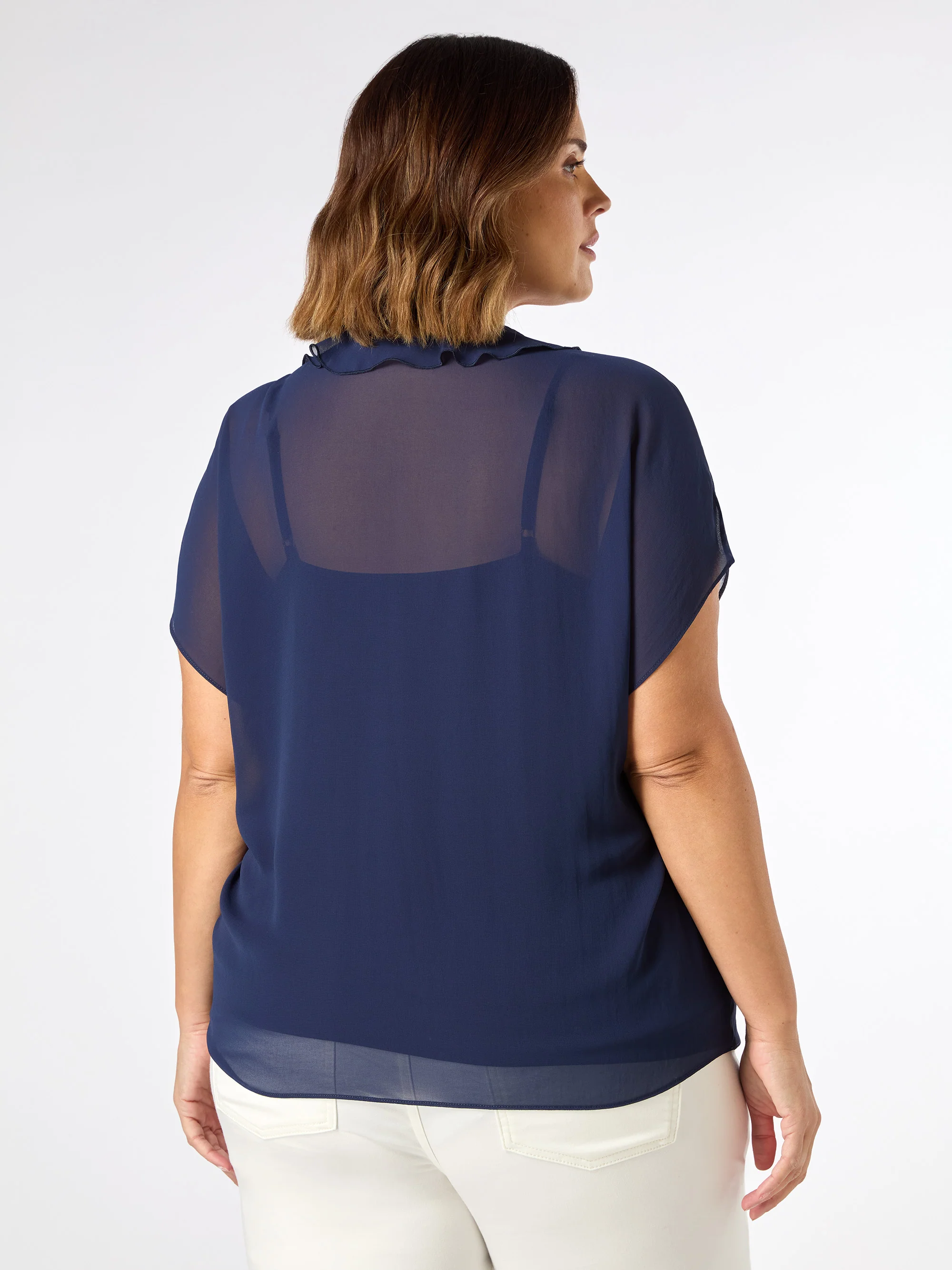 Navy Chiffon Ruffle Short Sleeve Blouse - Image 3