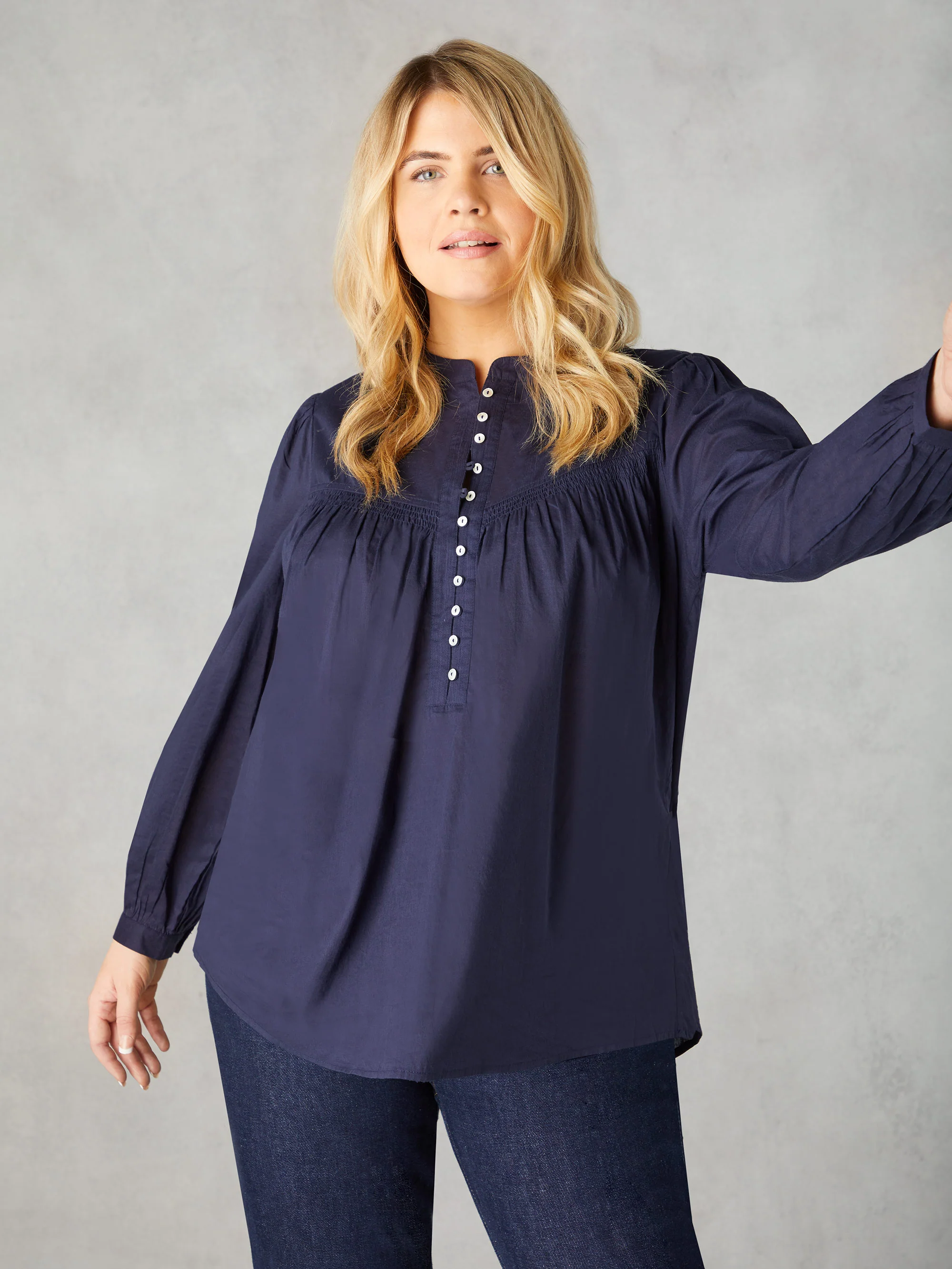 Navy Cotton Button Front Relaxed Blouse - Image 2