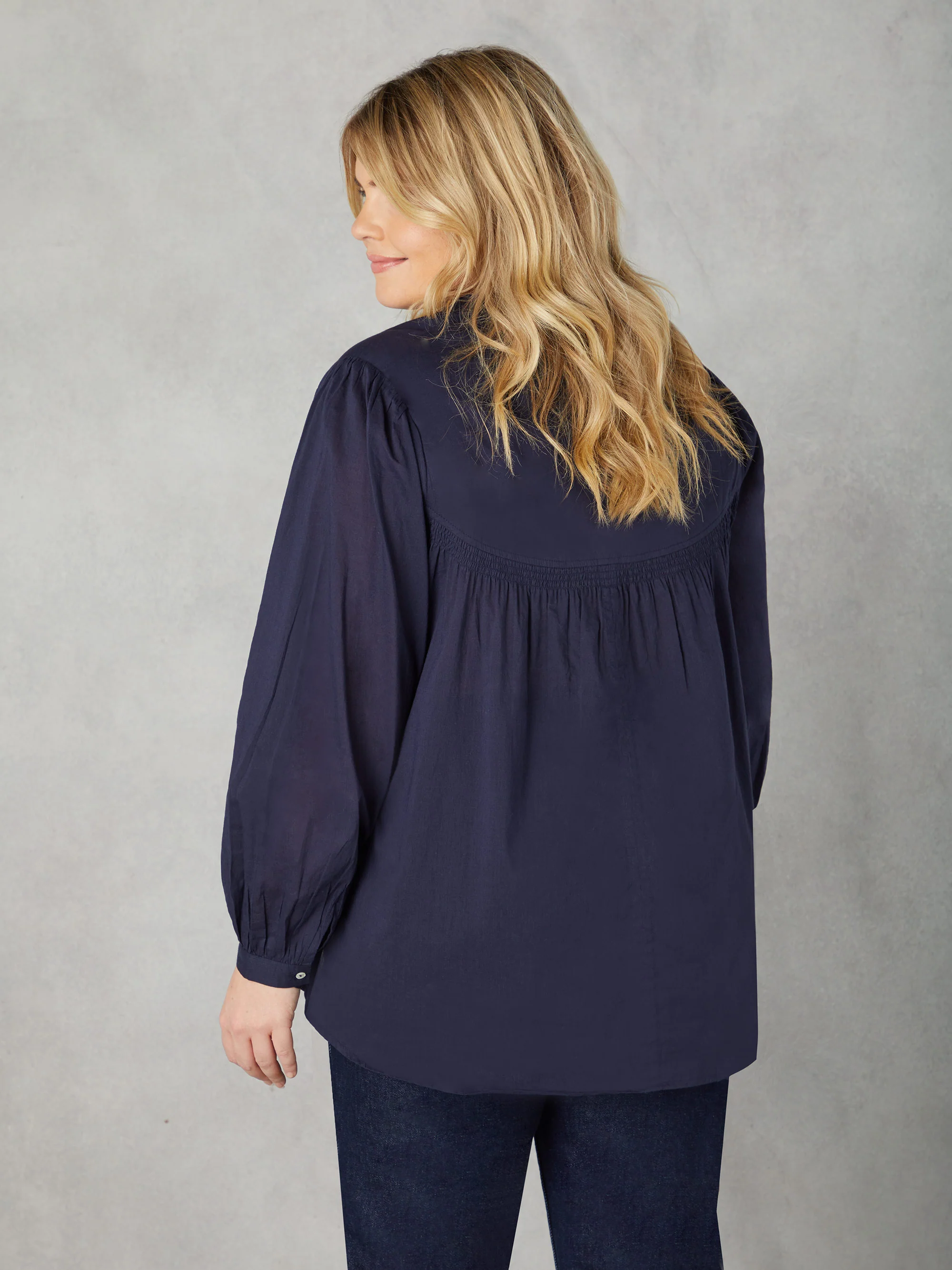 Navy Cotton Button Front Relaxed Blouse - Image 3