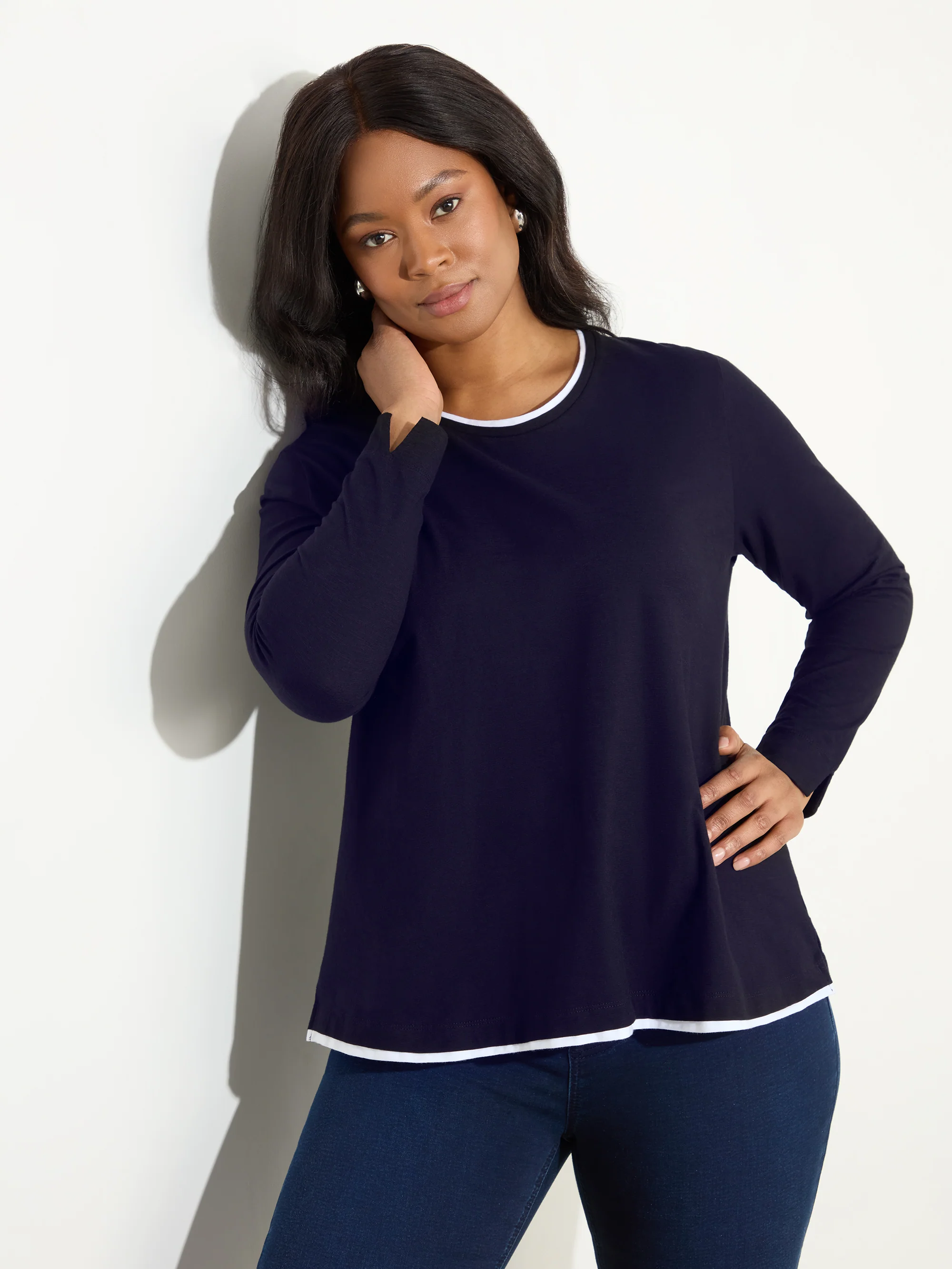 Navy Cotton Slub Contrast T-Shirt - Image 2