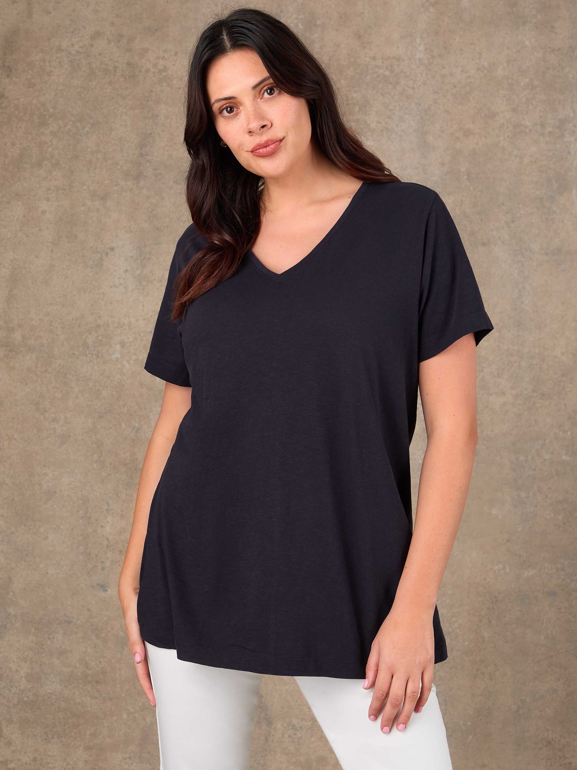 Navy Cotton Slub Longline V Neck T-Shirt - Image 2