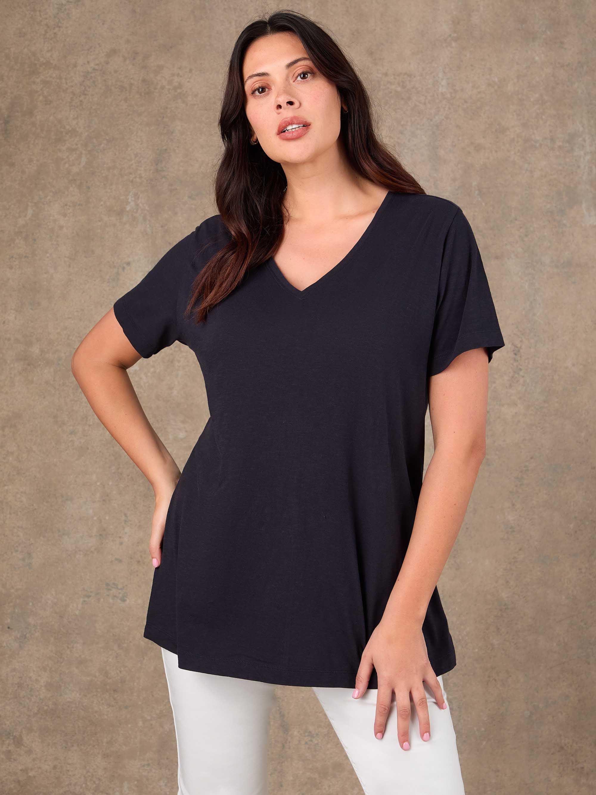 Navy Cotton Slub Longline V Neck T-Shirt - Image 3