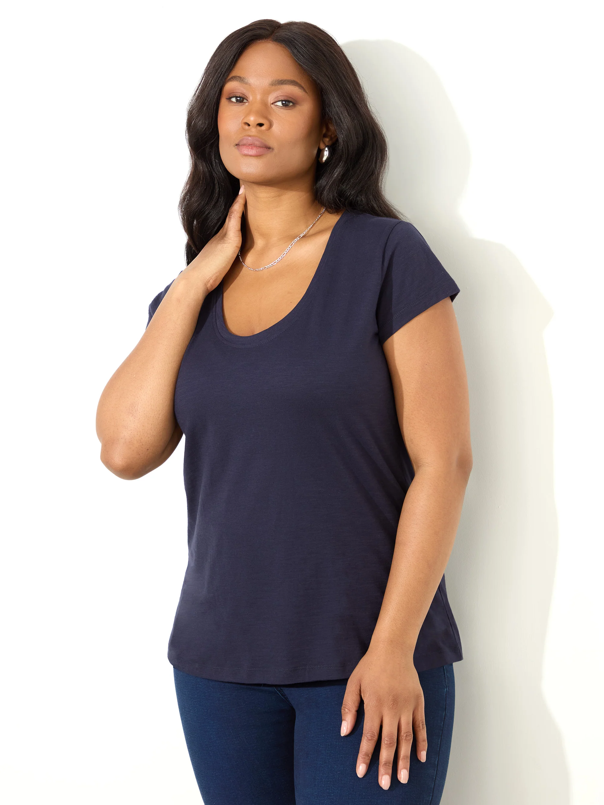 Navy Cotton Slub Scoop Neck T-Shirt - Image 3