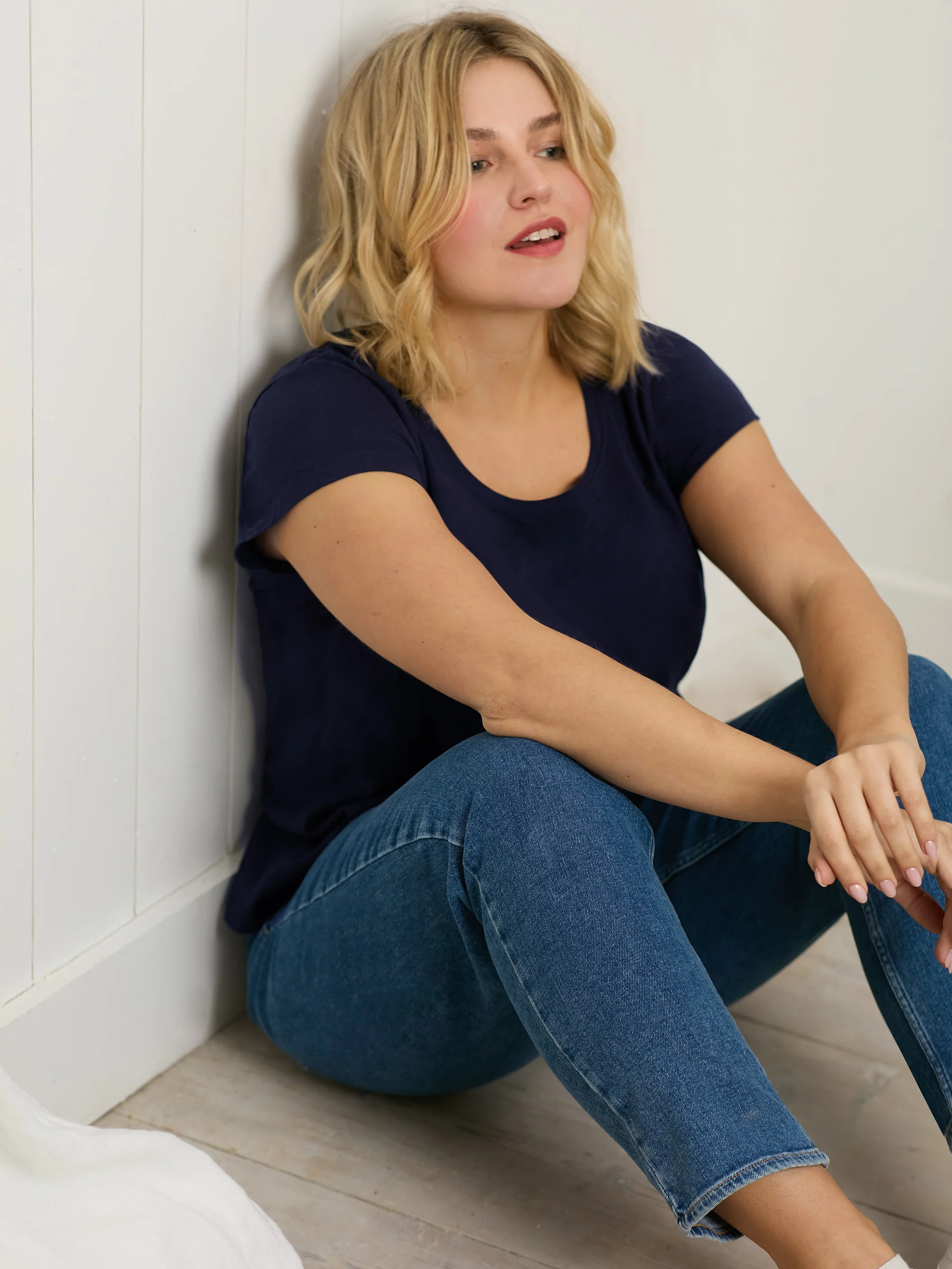Navy Cotton Slub Scoop Neck T-Shirt - Image 4