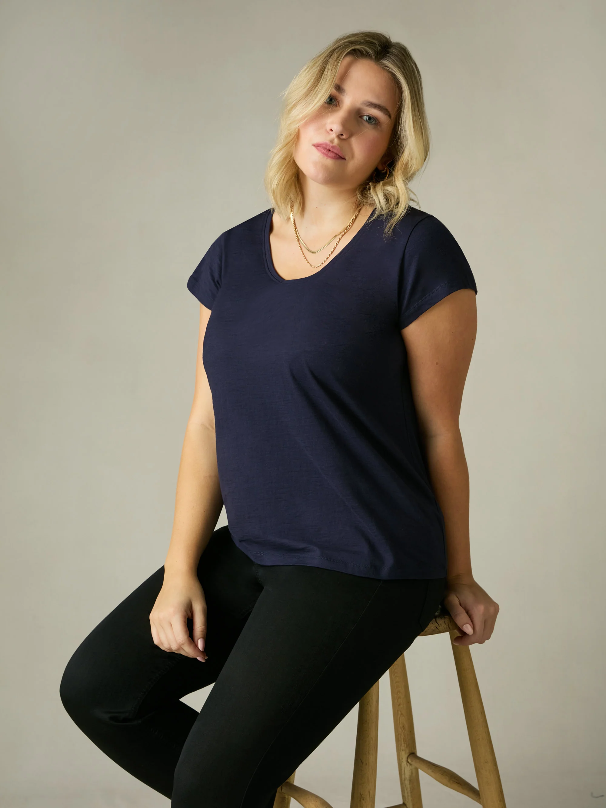 Navy Cotton Slub Scoop Neck T-Shirt - Image 5