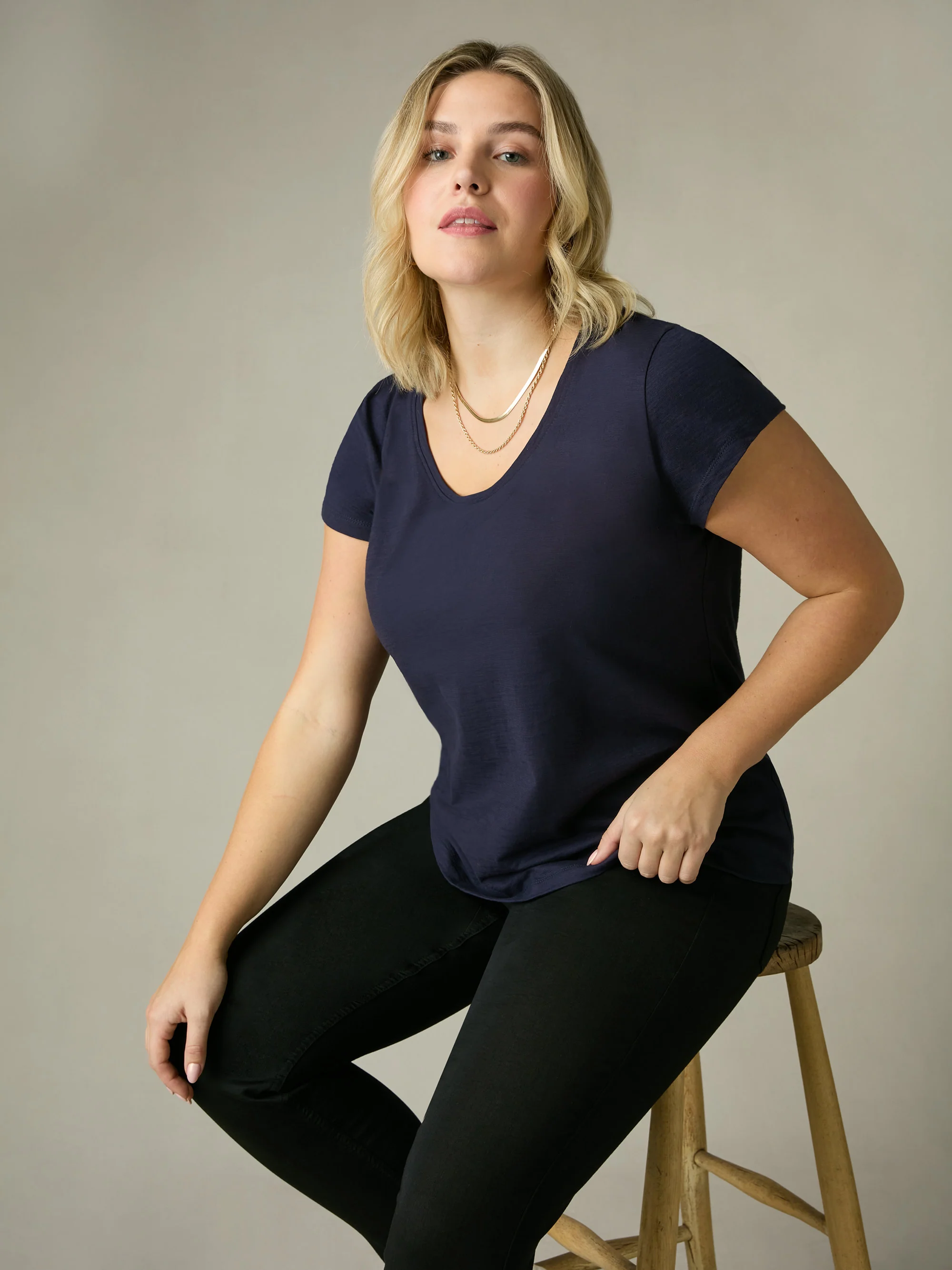 Navy Cotton Slub Scoop Neck T-Shirt - Image 6