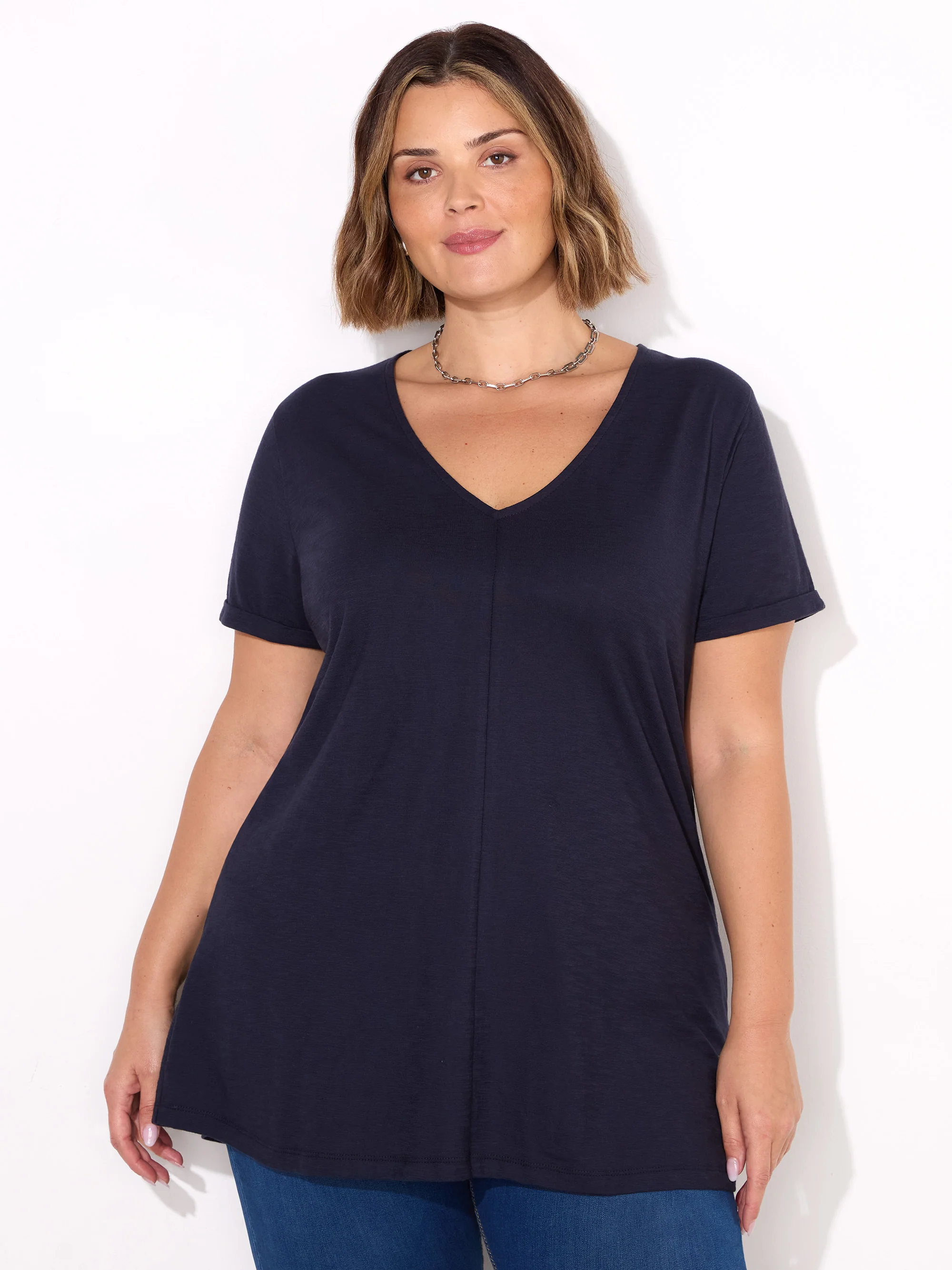 Navy Cotton Slub V-Neck Longline T-Shirt - Image 3