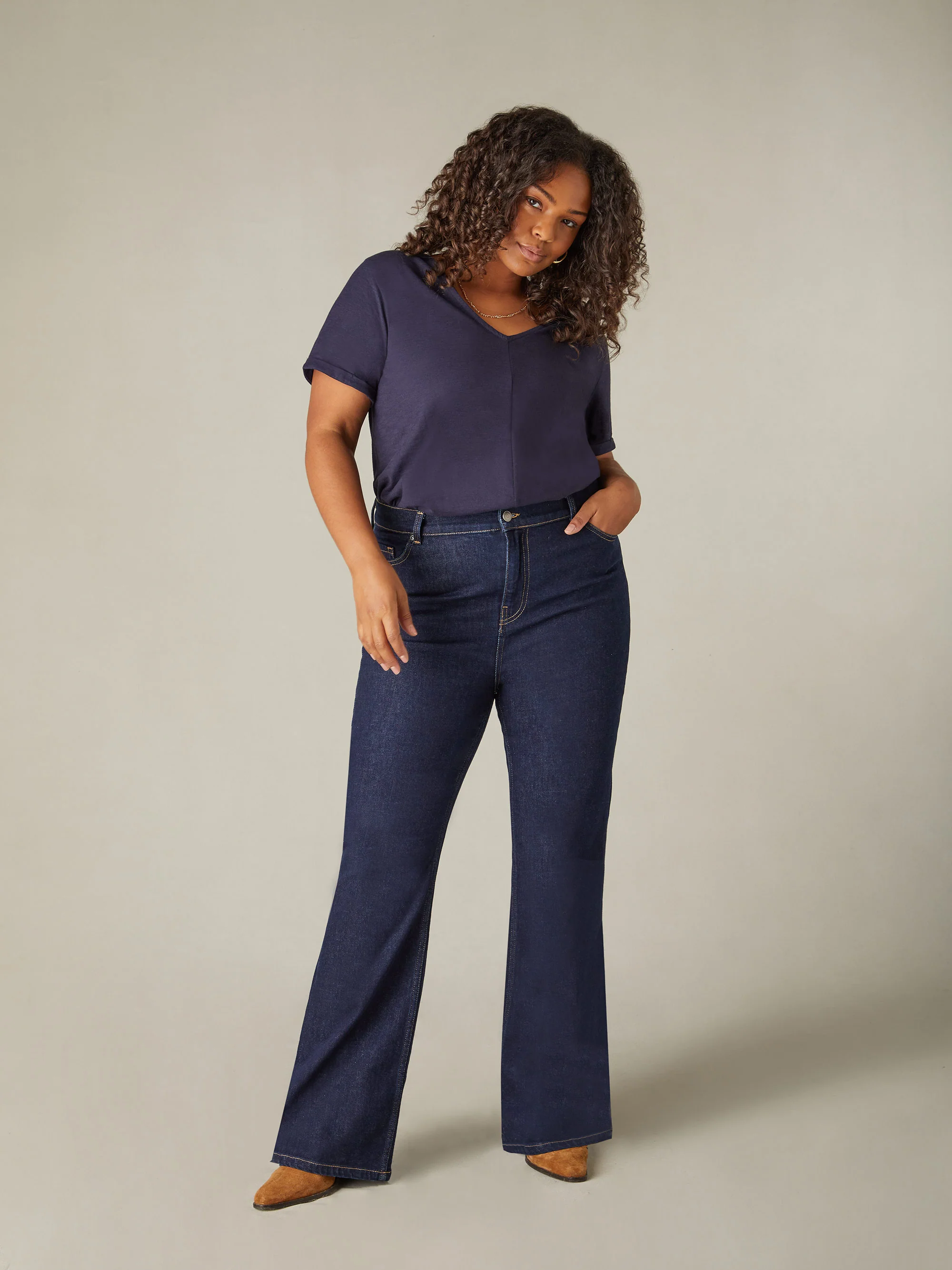 Navy Cotton Slub V-Neck T-Shirt - Image 3