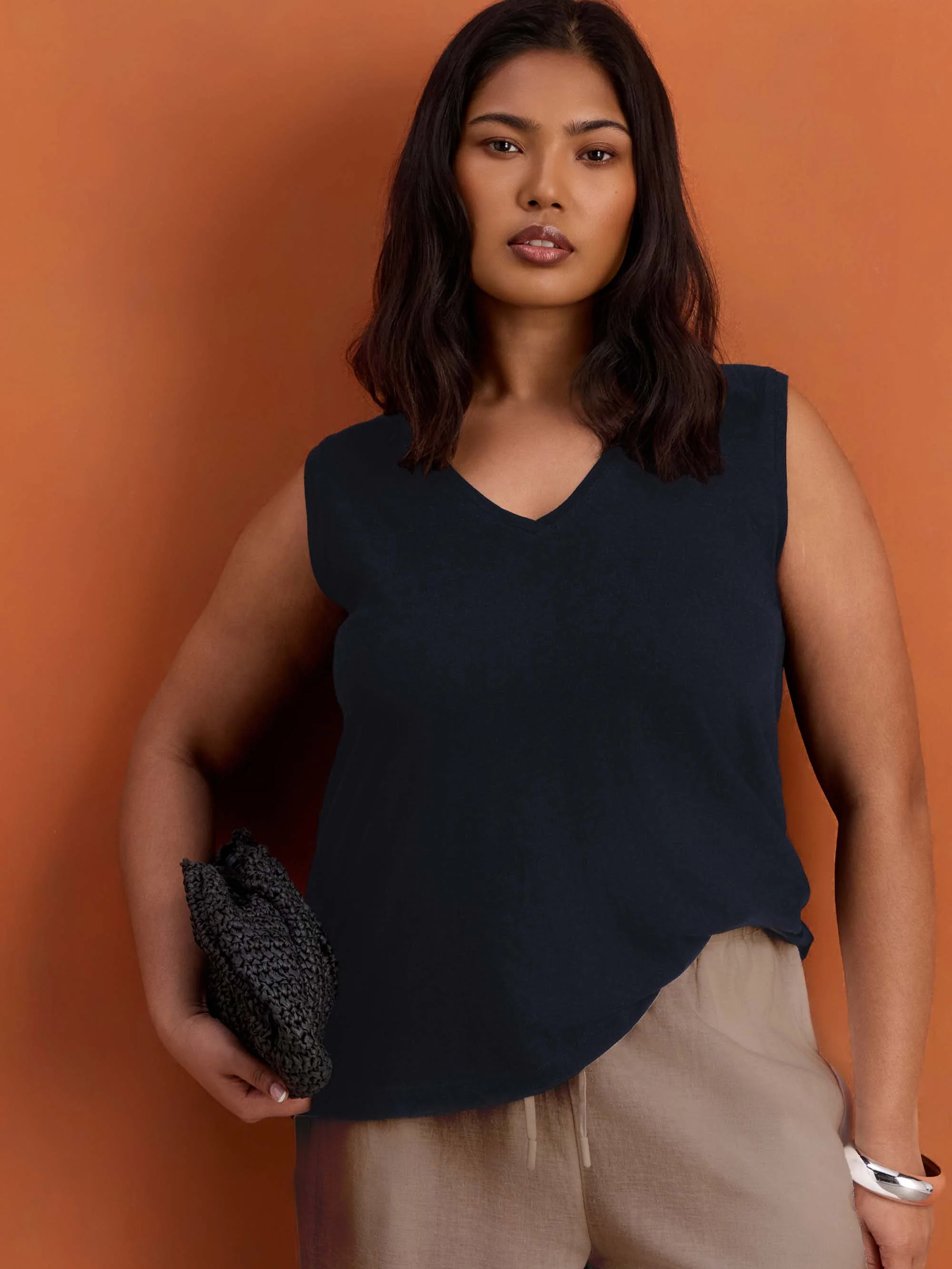 Navy Cotton Slub V Neck Vest With Curved Hem - Image 3