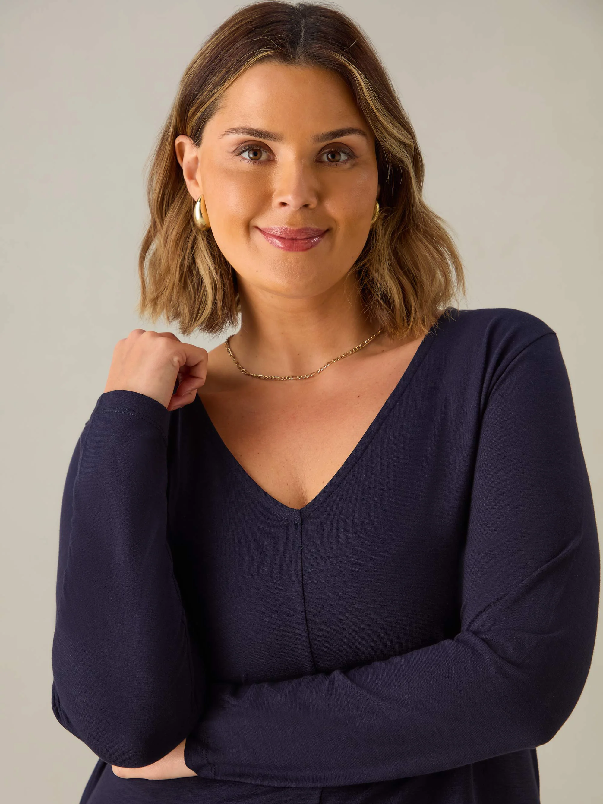 Navy Cotton Slub V- Neck Long Sleeve T-Shirt - Image 2