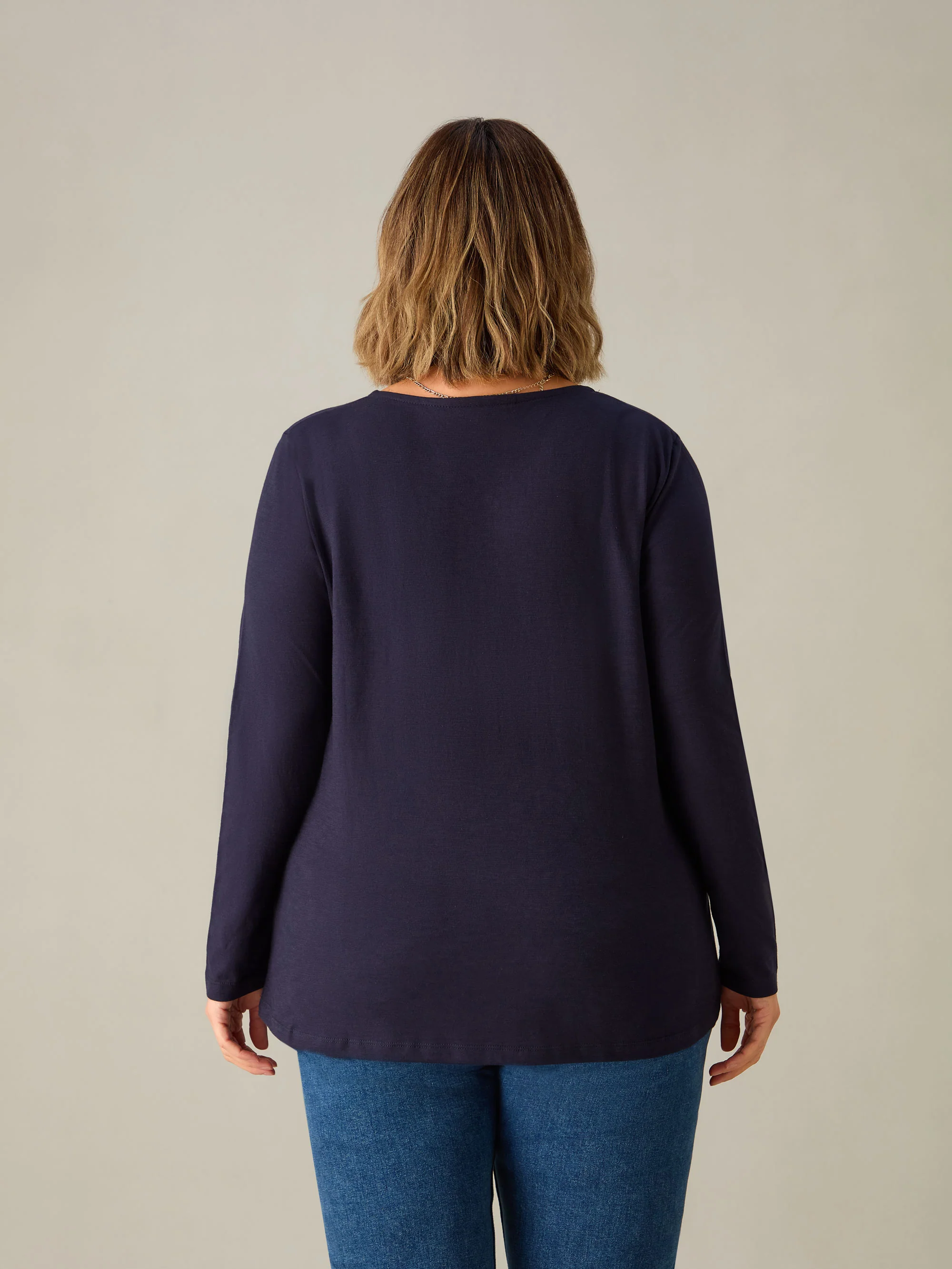 Navy Cotton Slub V- Neck Long Sleeve T-Shirt - Image 3