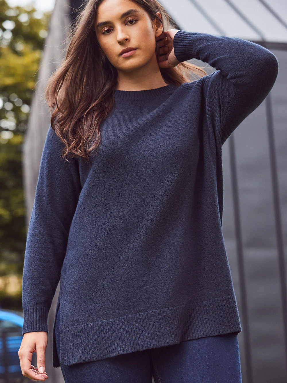 Navy Wool-Blend Longline Crew Neck Knit Jumper - Image 3