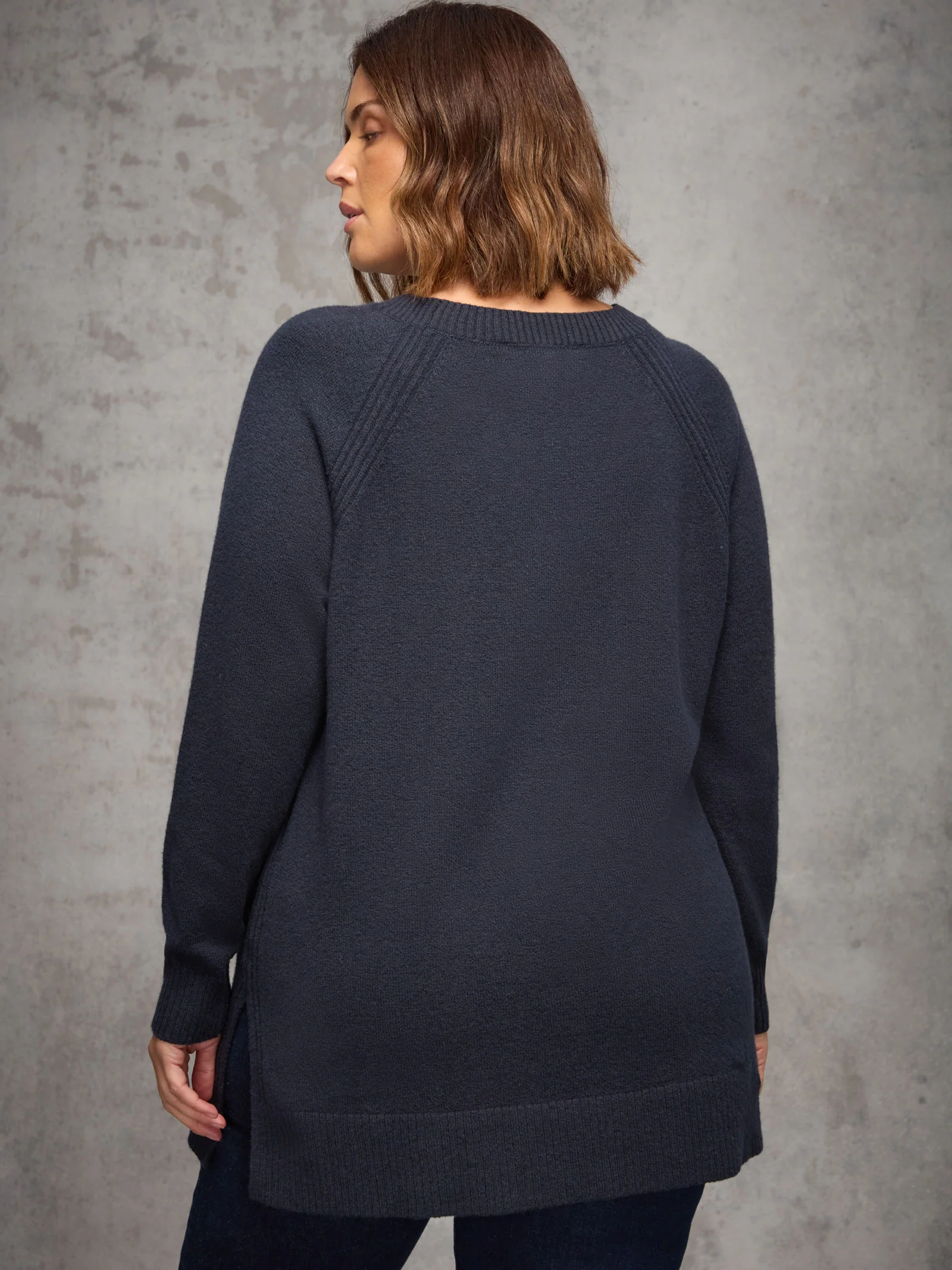 Navy Wool-Blend Longline Crew Neck Knit Jumper - Image 8