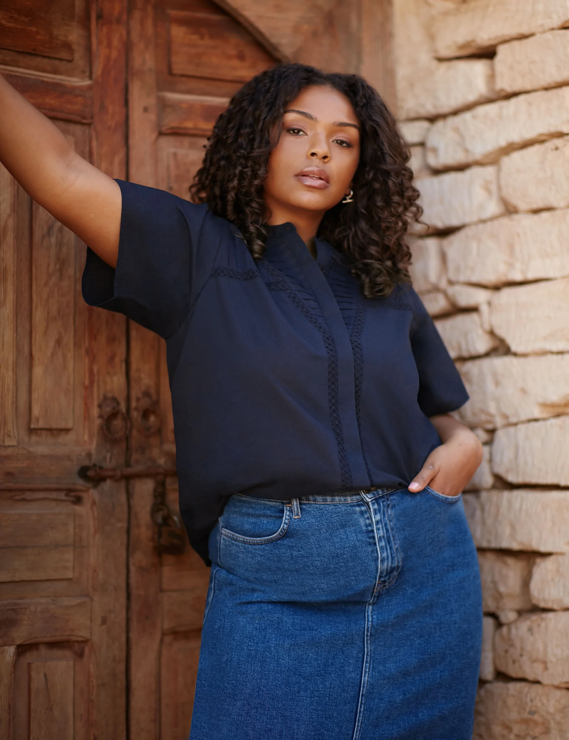 Navy Crochet Trim Short Sleeve Blouse - Image 2