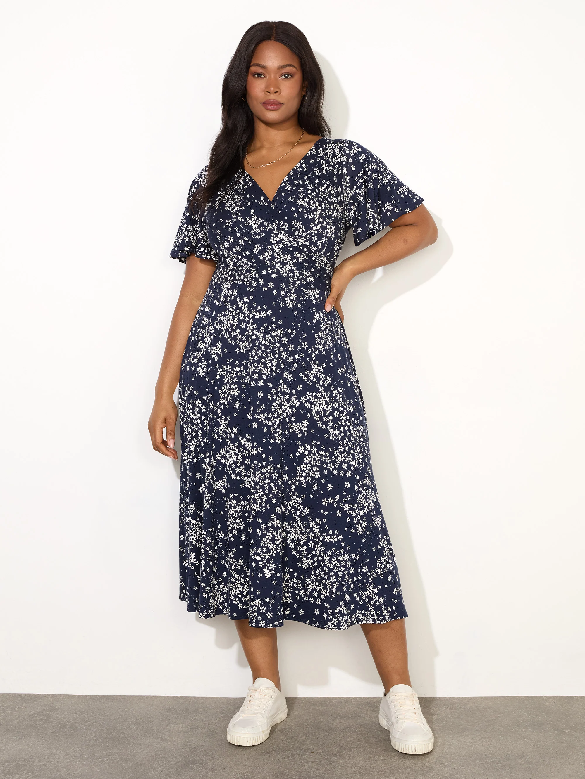 Navy Ditsy Jersey Flutter Sleeve  Wrap Dress - Image 3