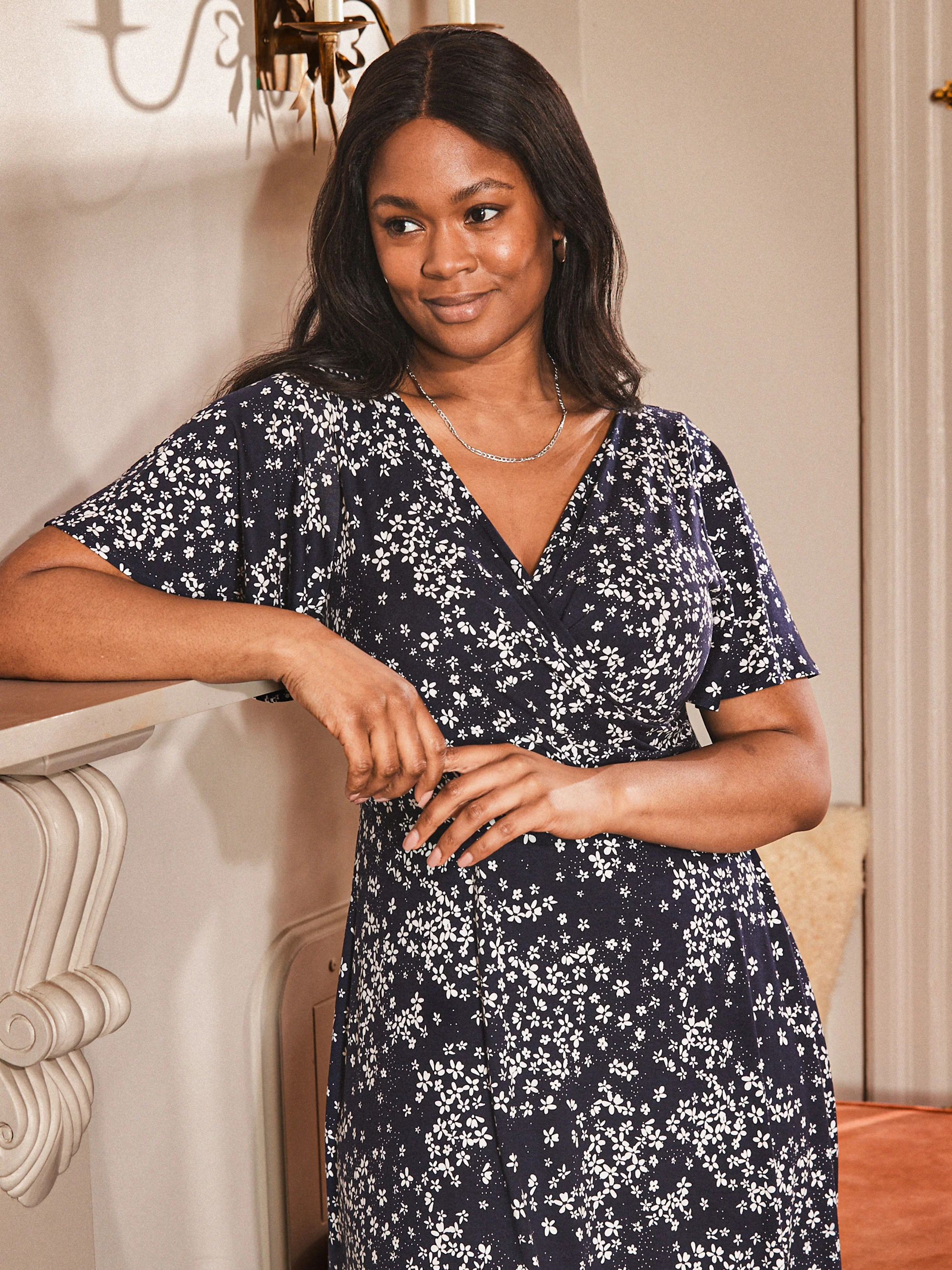Navy Ditsy Jersey Flutter Sleeve  Wrap Dress - Image 4