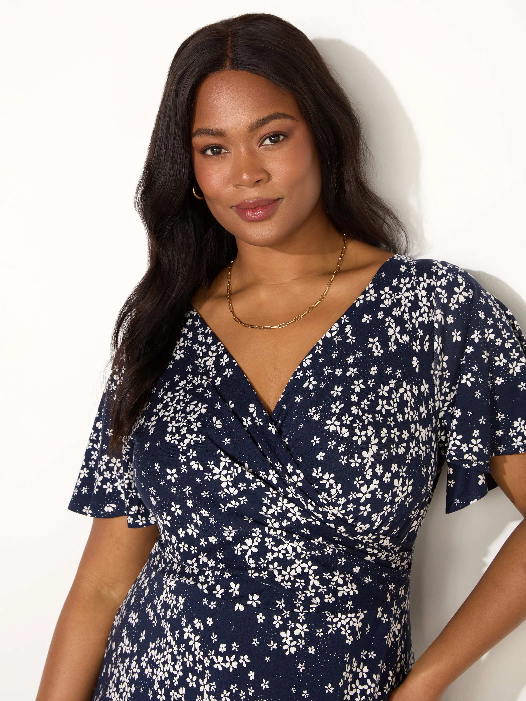 Navy Ditsy Jersey Flutter Sleeve  Wrap Dress - Image 5