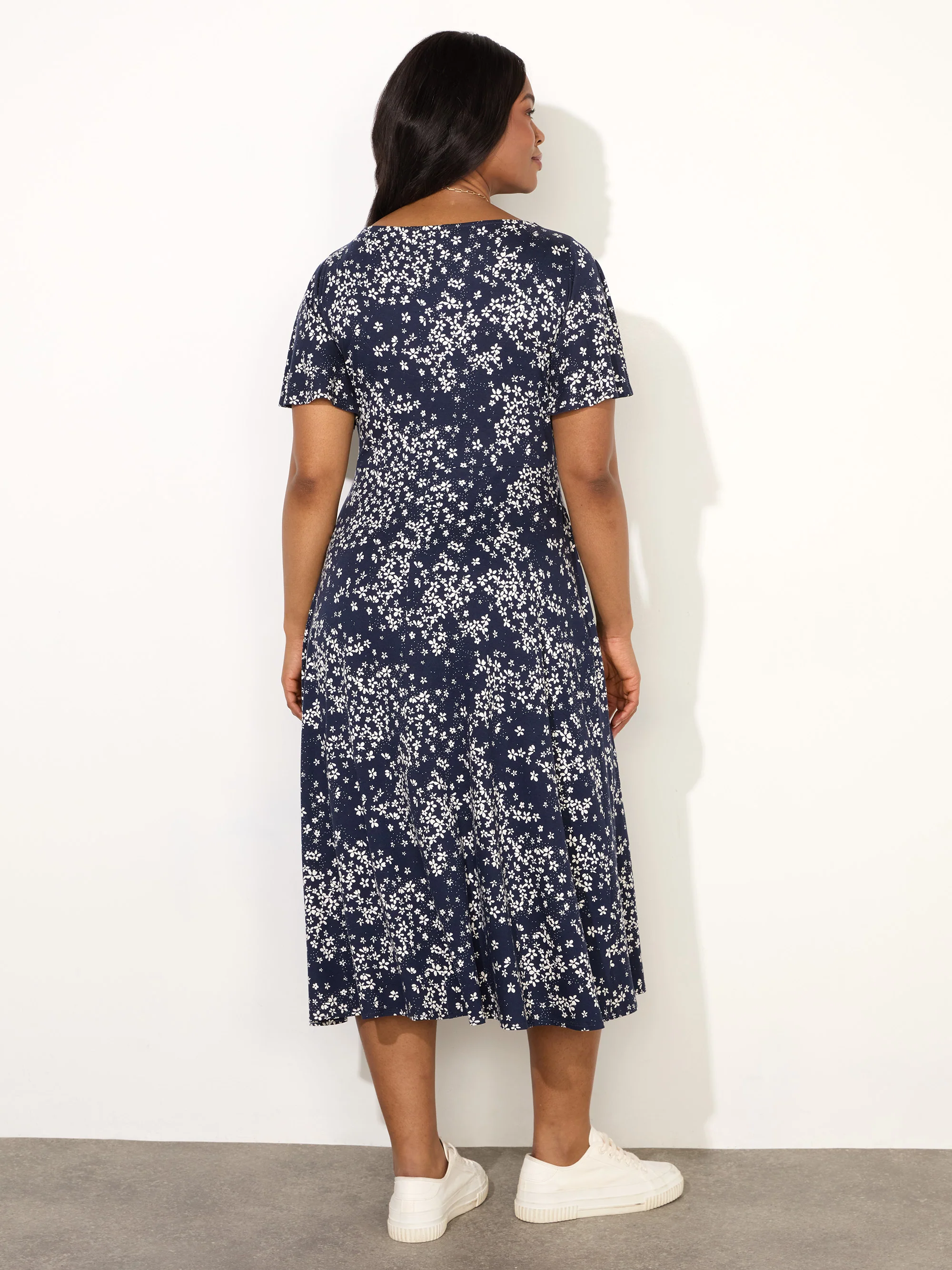 Navy Ditsy Jersey Flutter Sleeve  Wrap Dress - Image 6