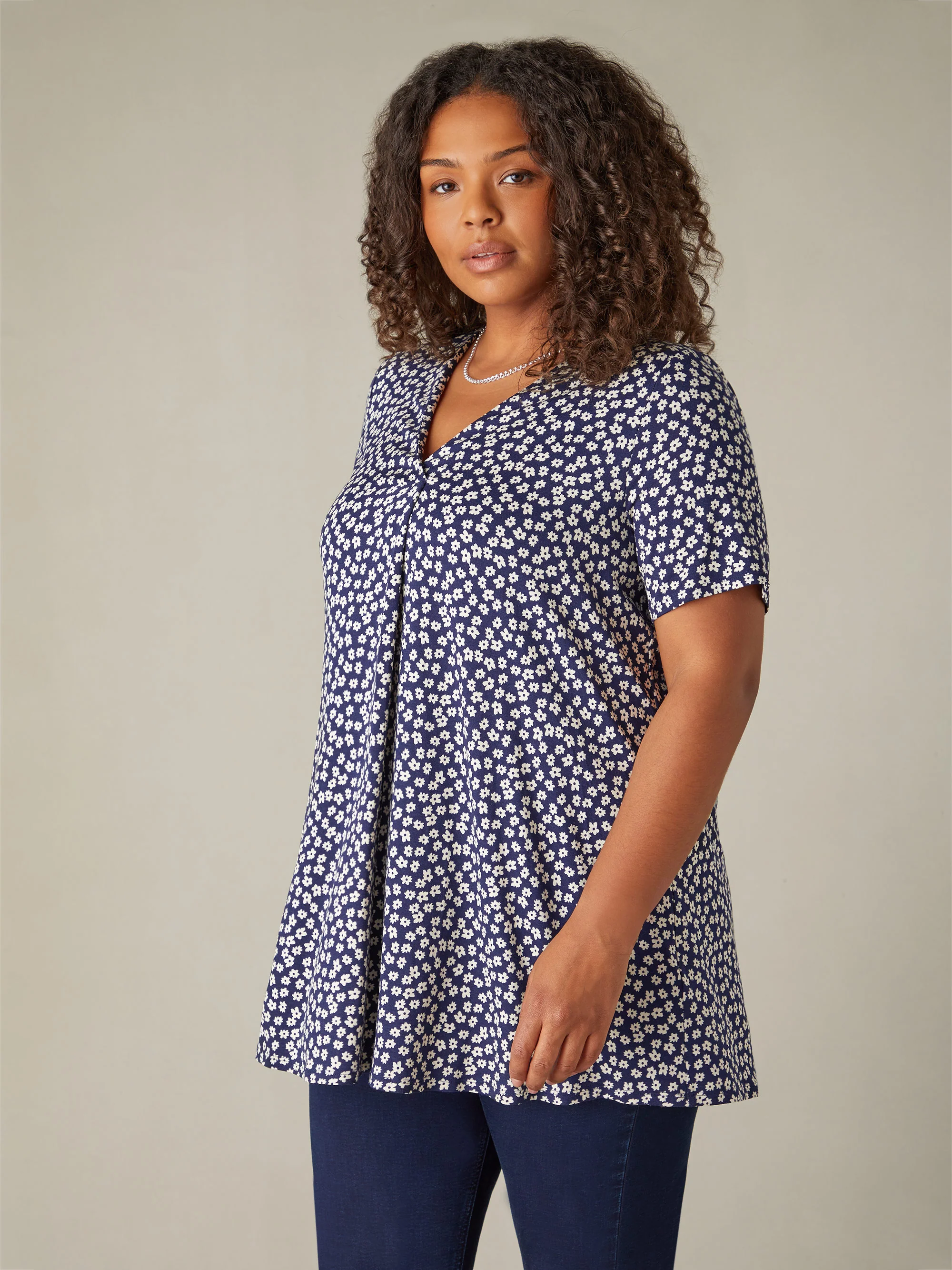 Navy Ditsy Print Jersey Pleat Front Top - Image 3