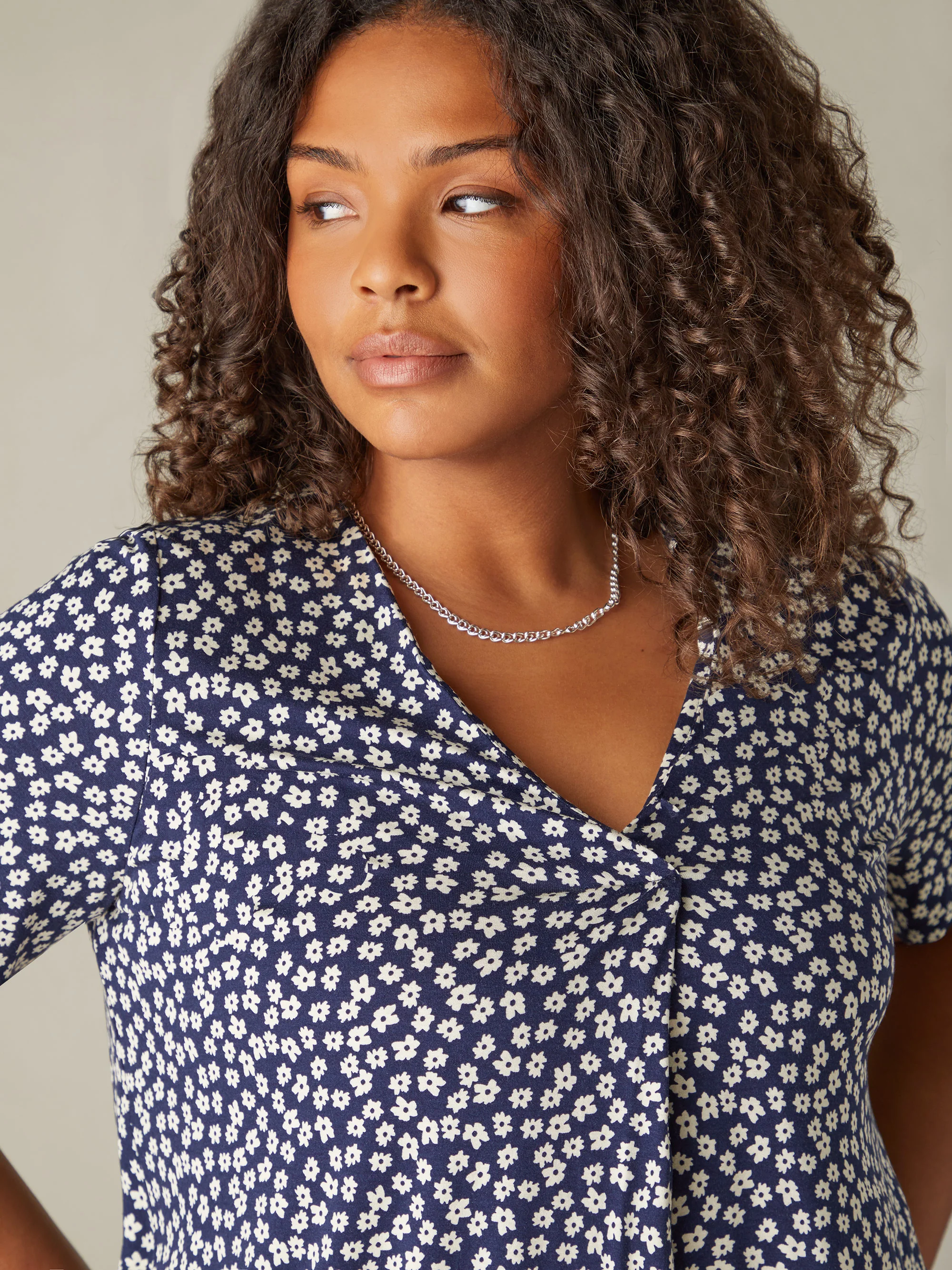 Navy Ditsy Print Jersey Pleat Front Top - Image 4