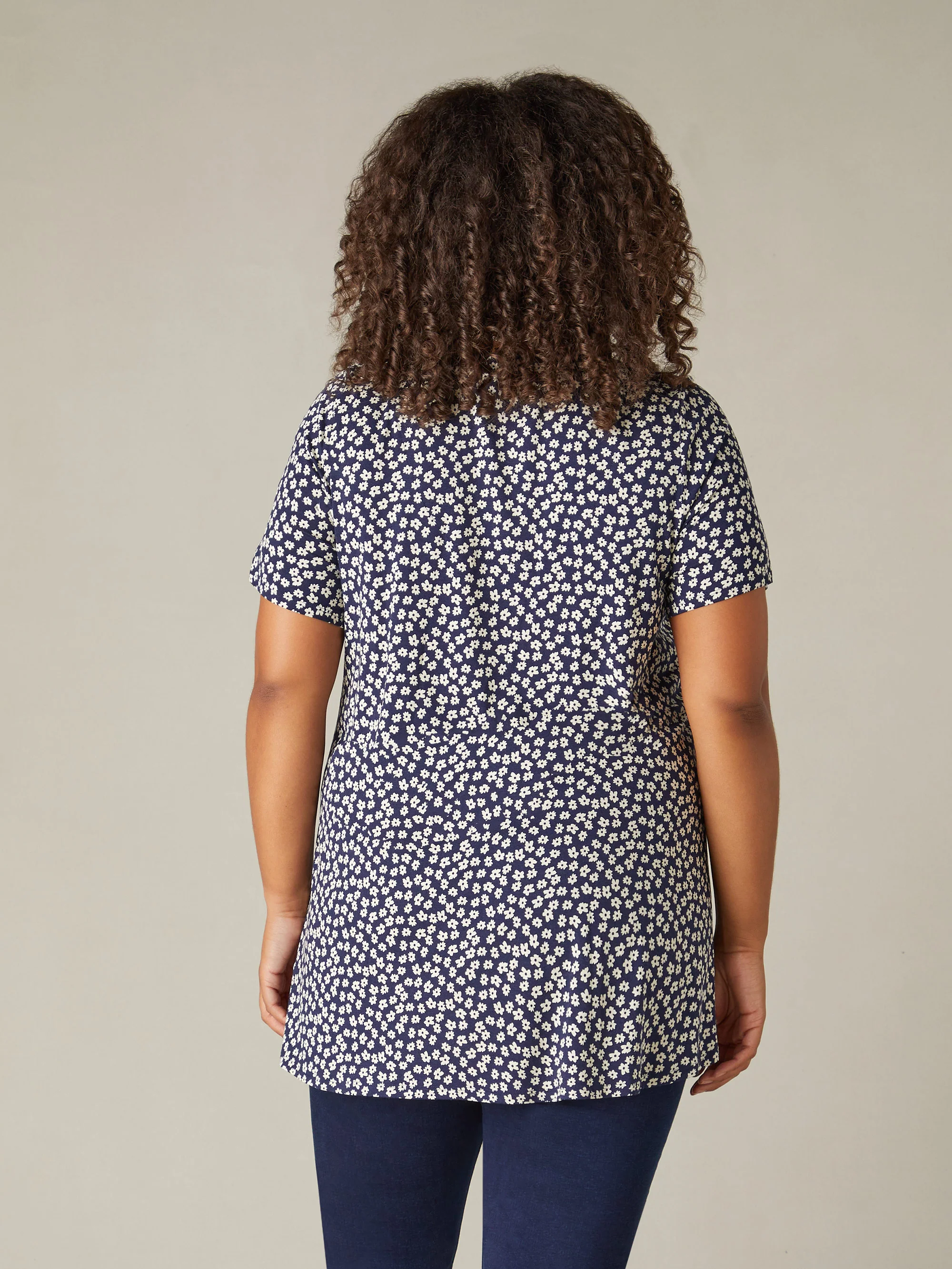 Navy Ditsy Print Jersey Pleat Front Top - Image 5