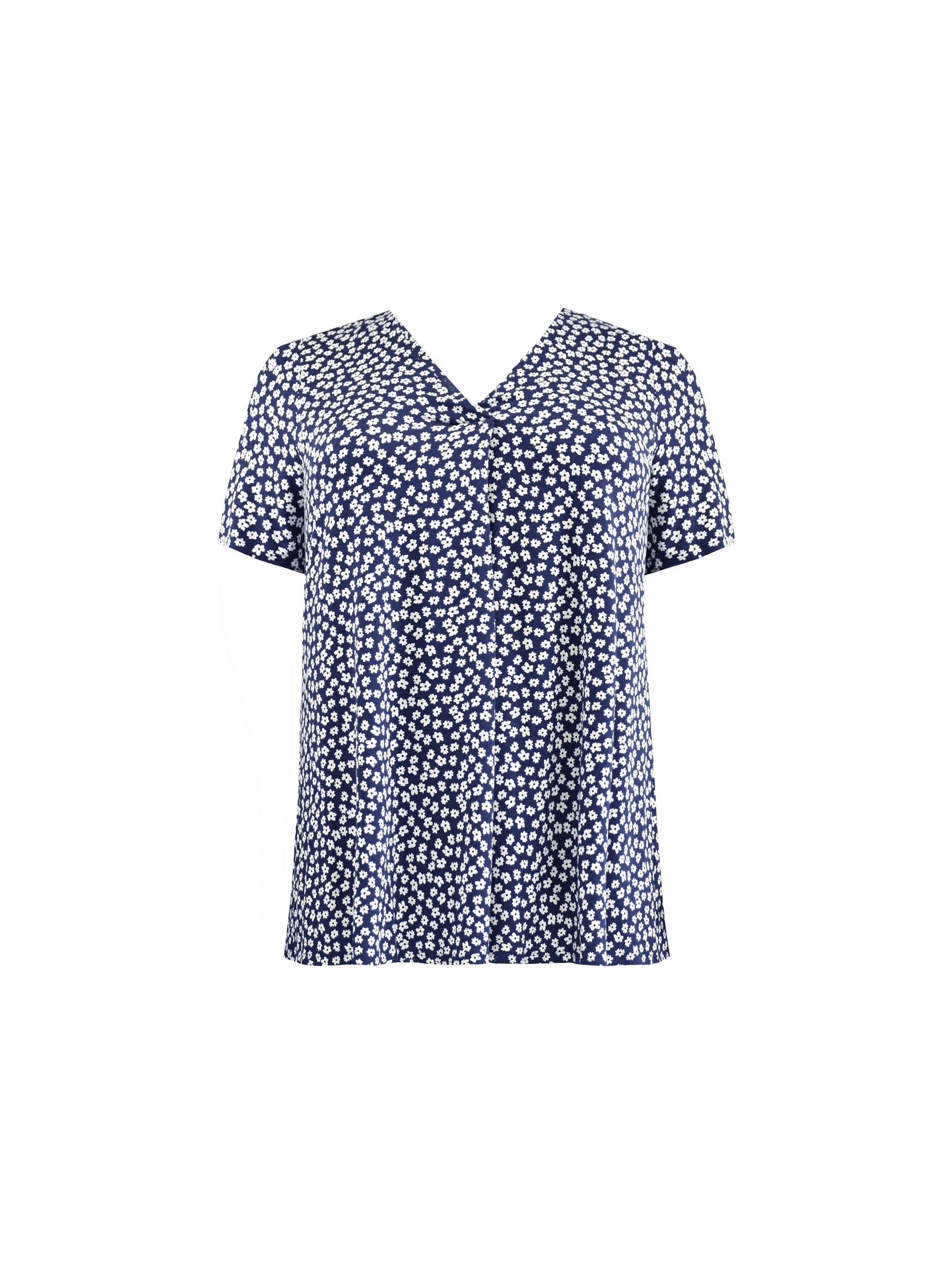 Navy Ditsy Print Jersey Pleat Front Top - Image 7