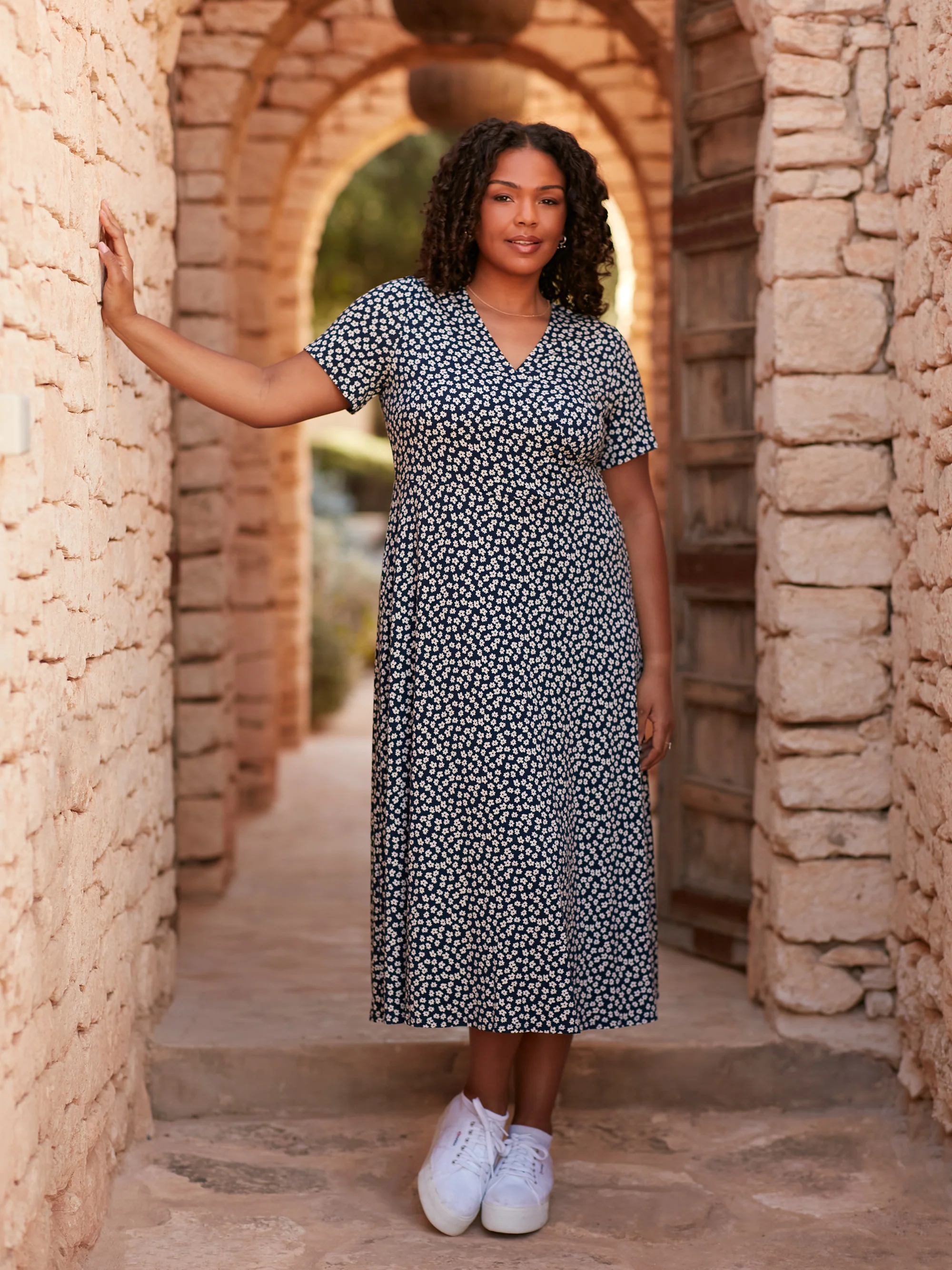 Navy Ditsy Print Jersey Wrap Midi Dress - Image 2