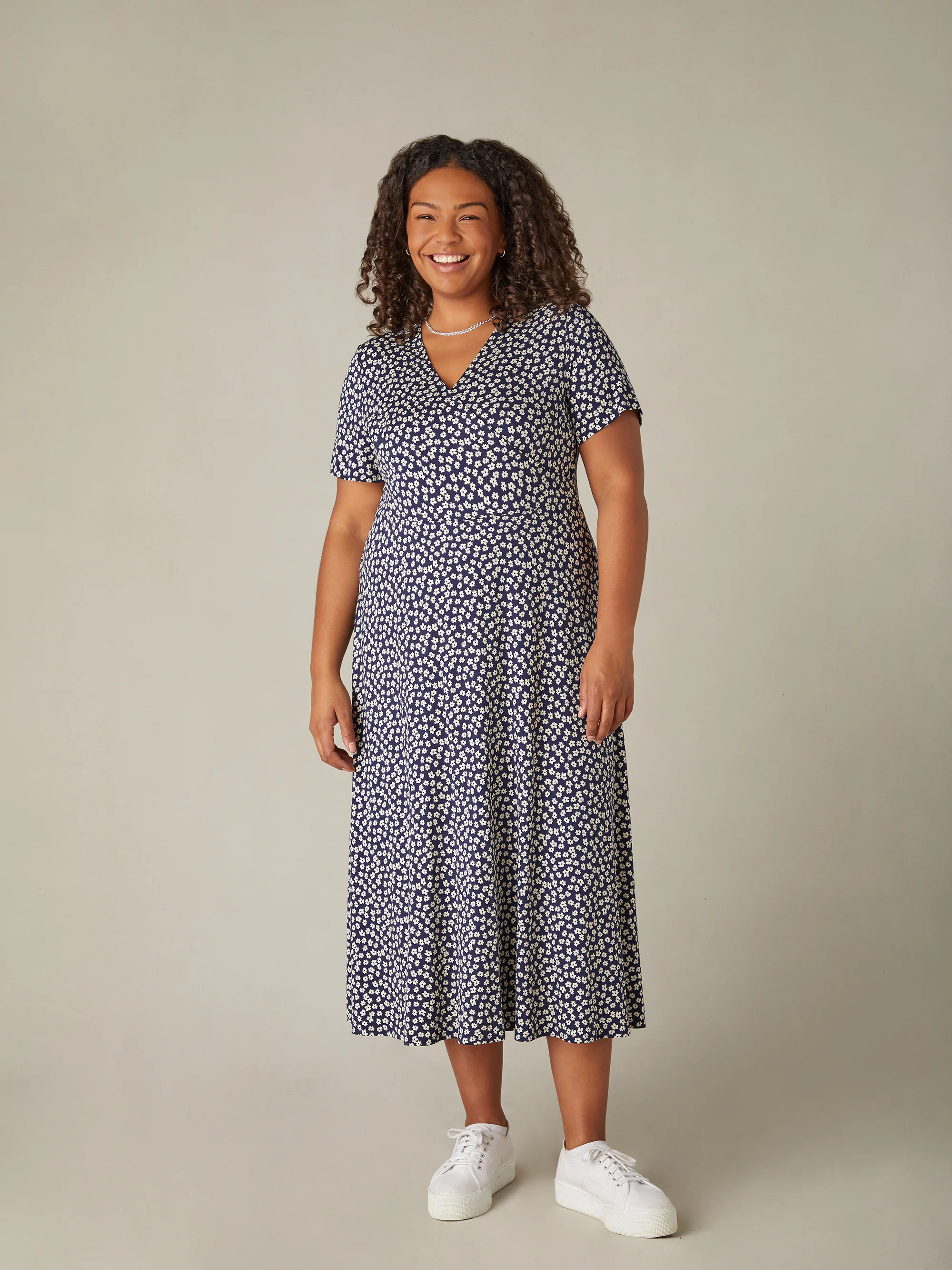 Navy Ditsy Print Jersey Wrap Midi Dress - Image 3