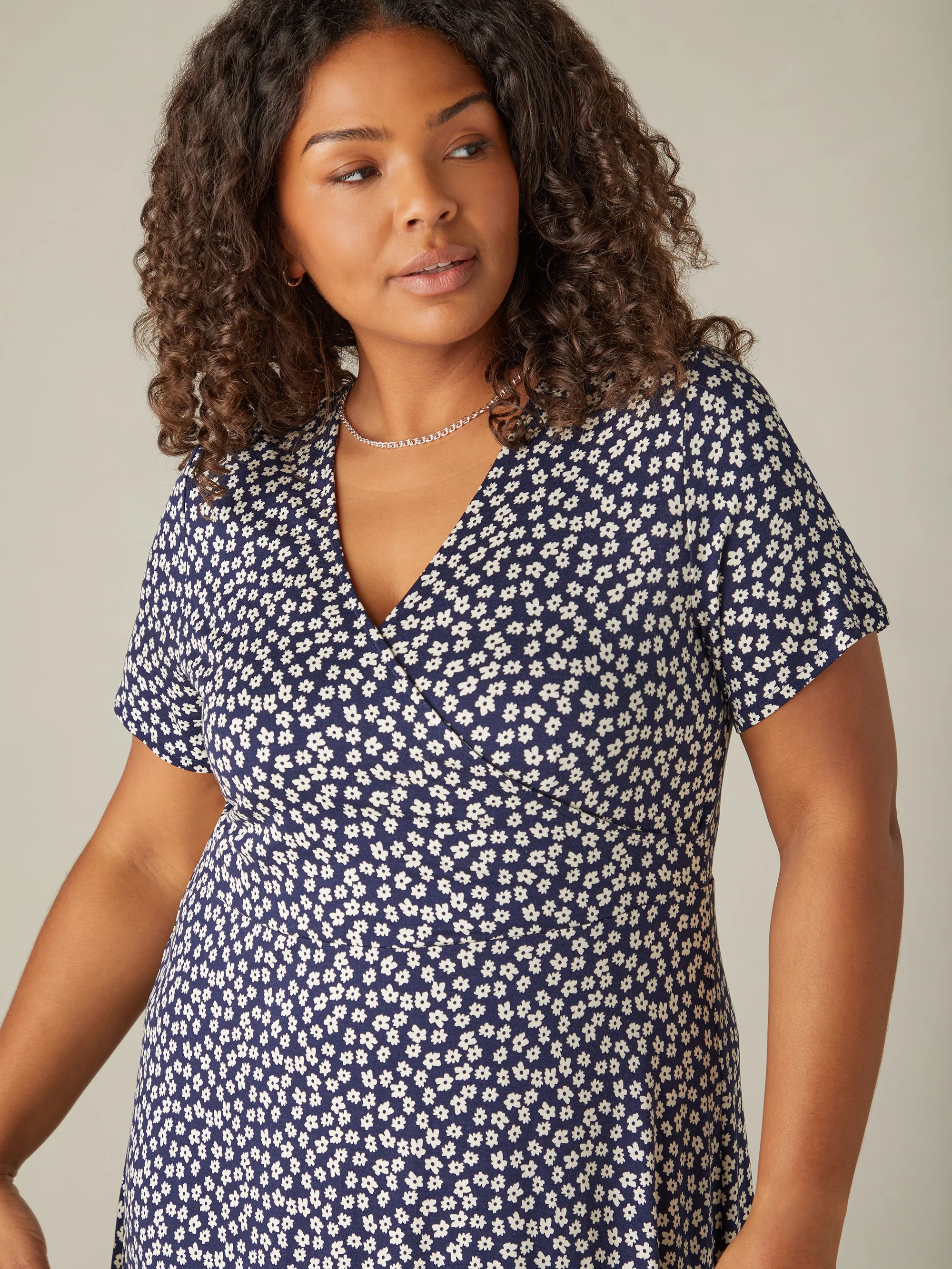 Navy Ditsy Print Jersey Wrap Midi Dress - Image 4