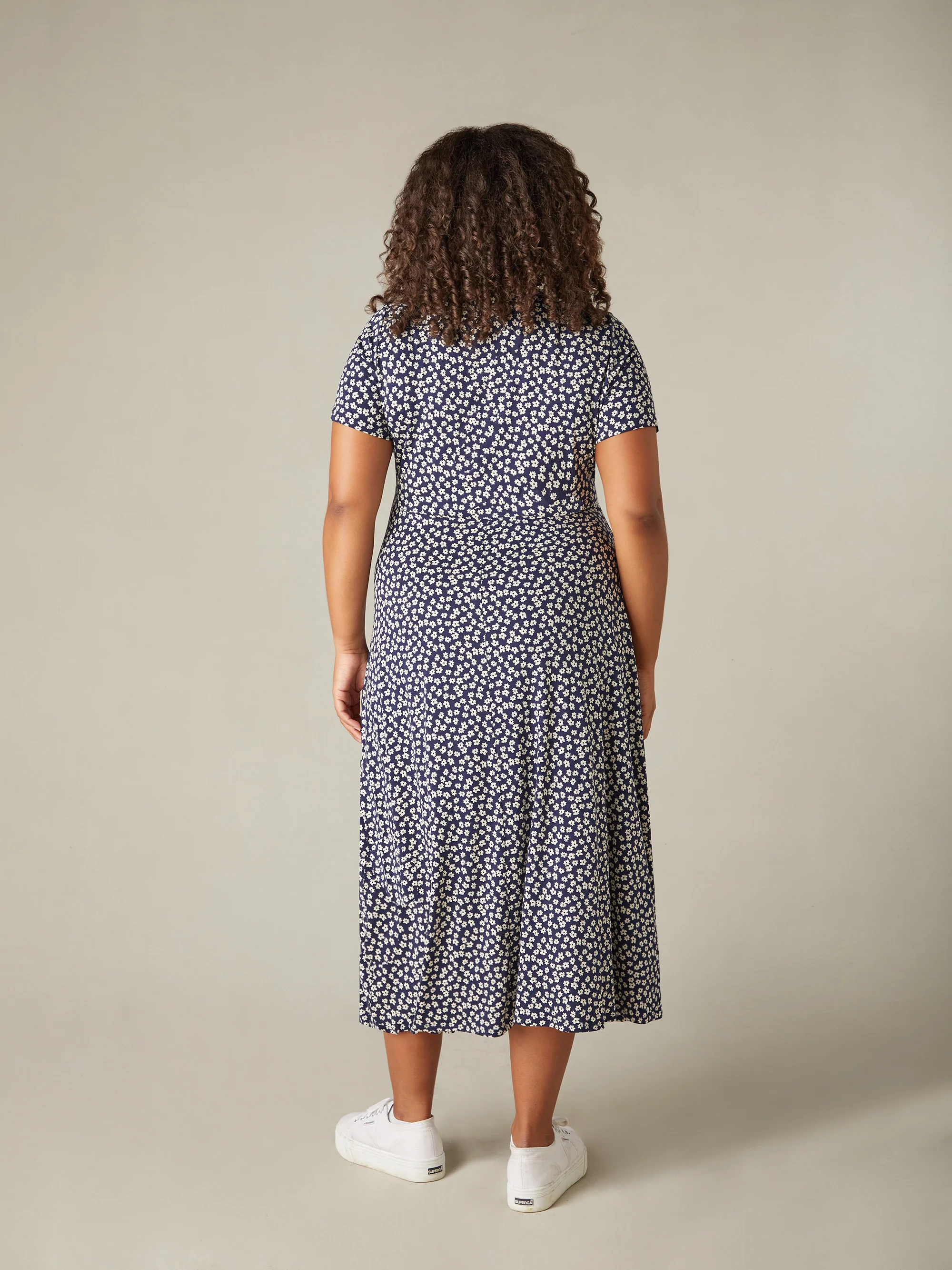 Navy Ditsy Print Jersey Wrap Midi Dress - Image 5