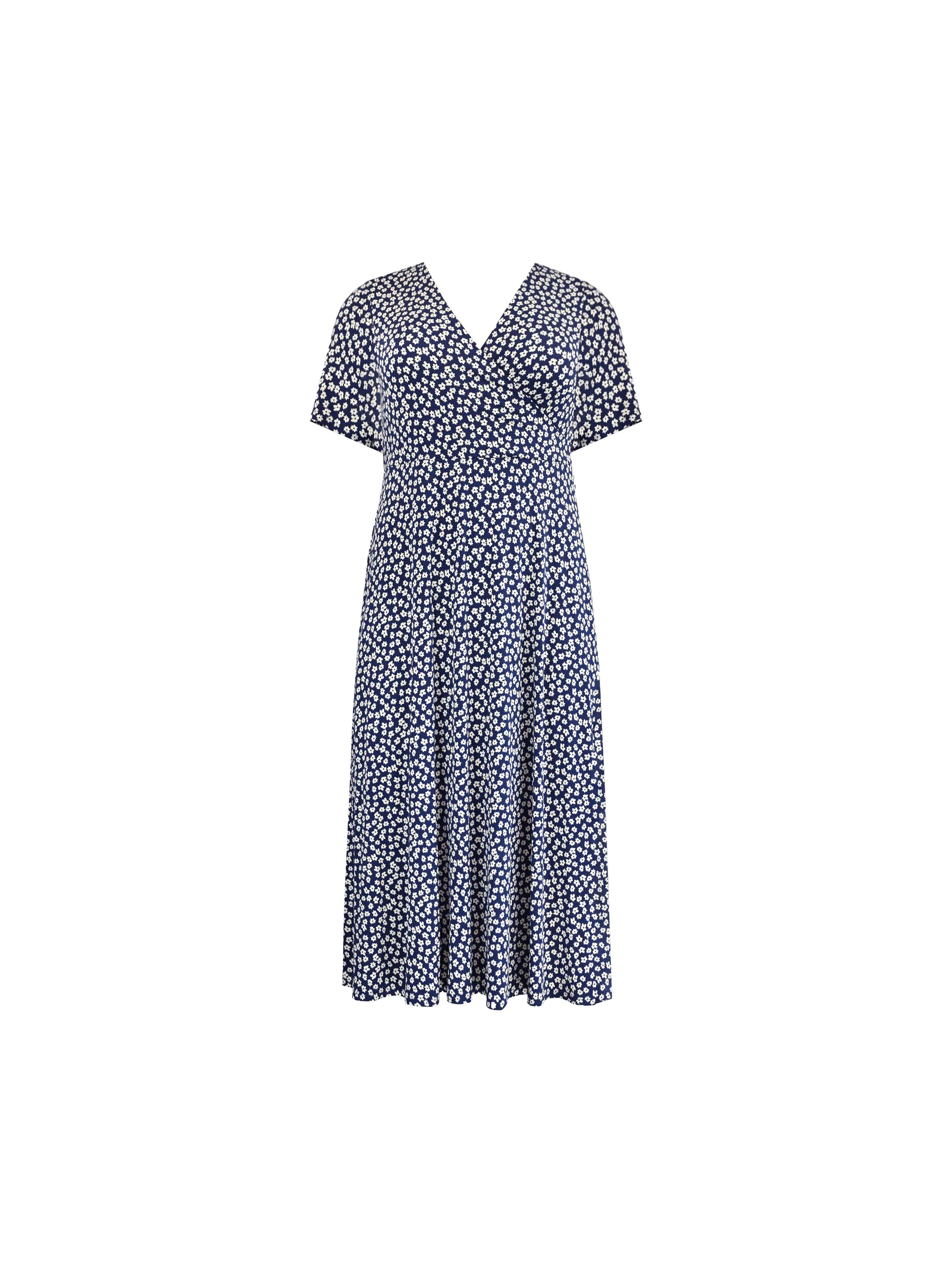 Navy Ditsy Print Jersey Wrap Midi Dress - Image 7