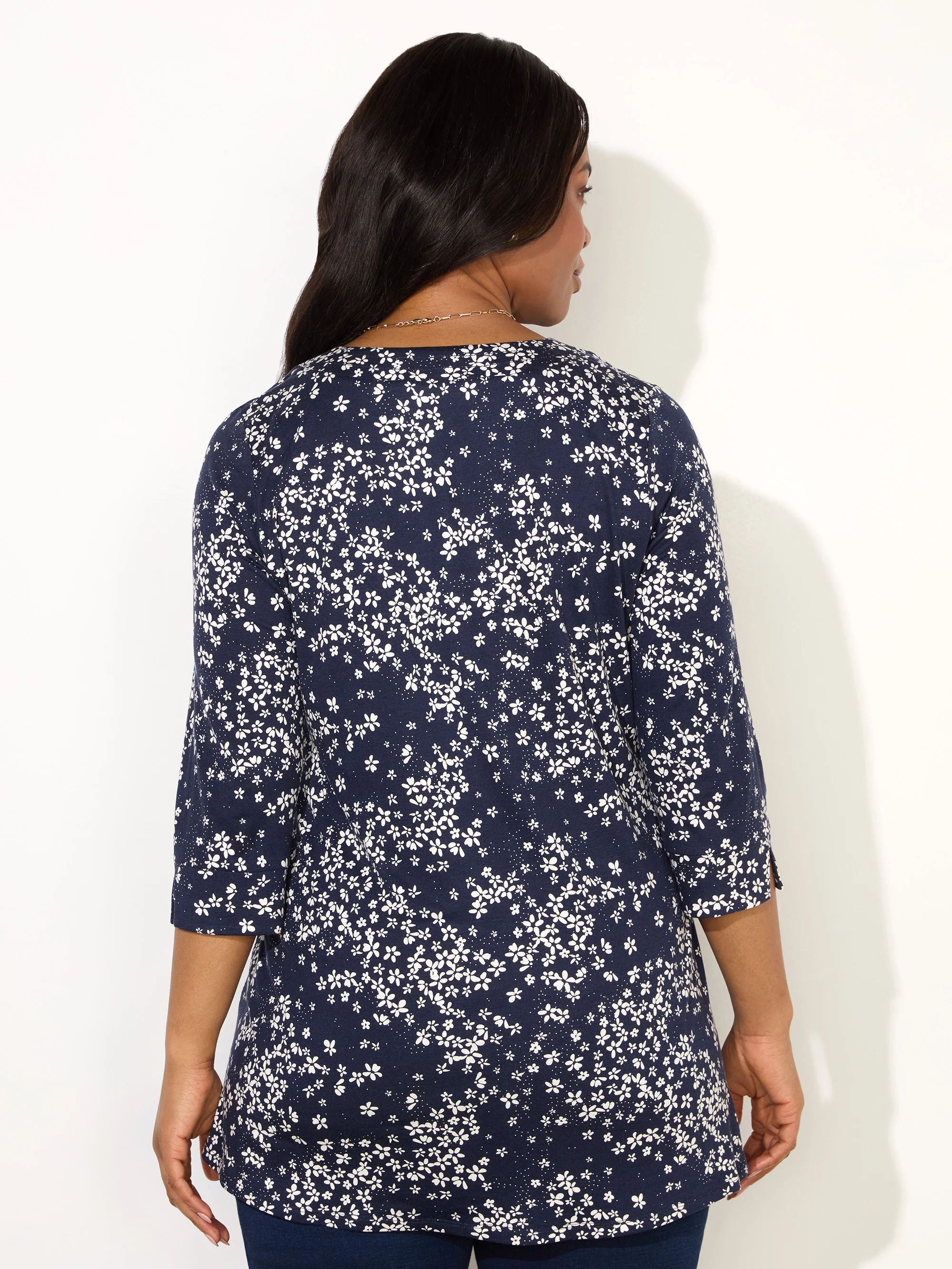 Navy Ditsy Print Split Sleeve Tunic - Image 3