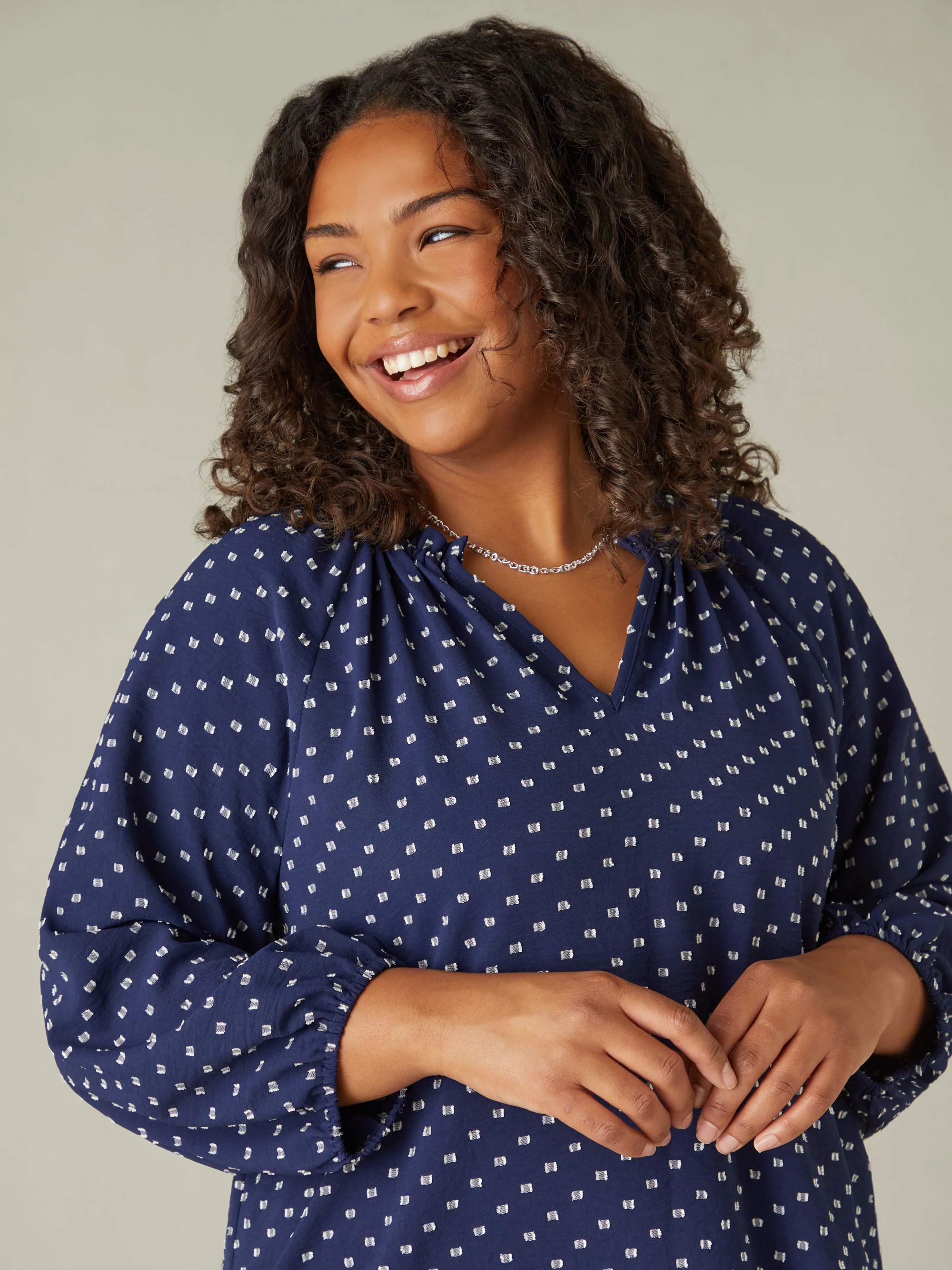 Navy Dobby Ruffle Neck Blouse - Image 2