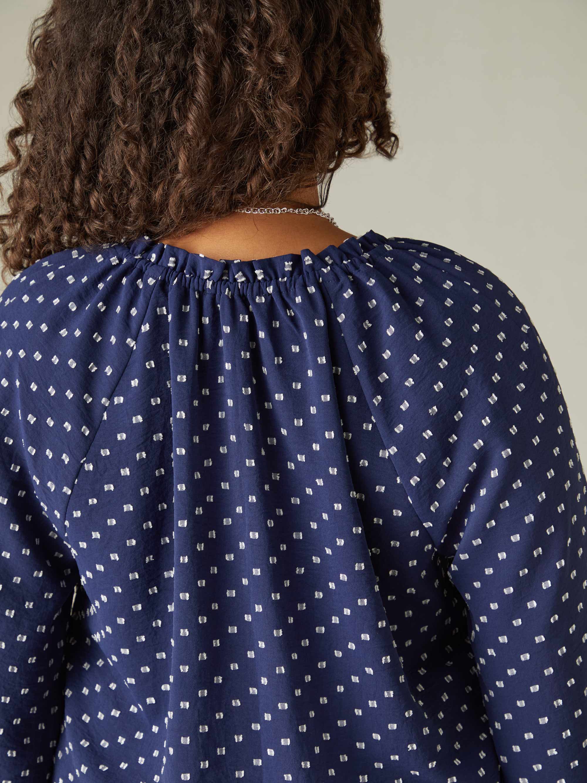 Navy Dobby Ruffle Neck Blouse - Image 3