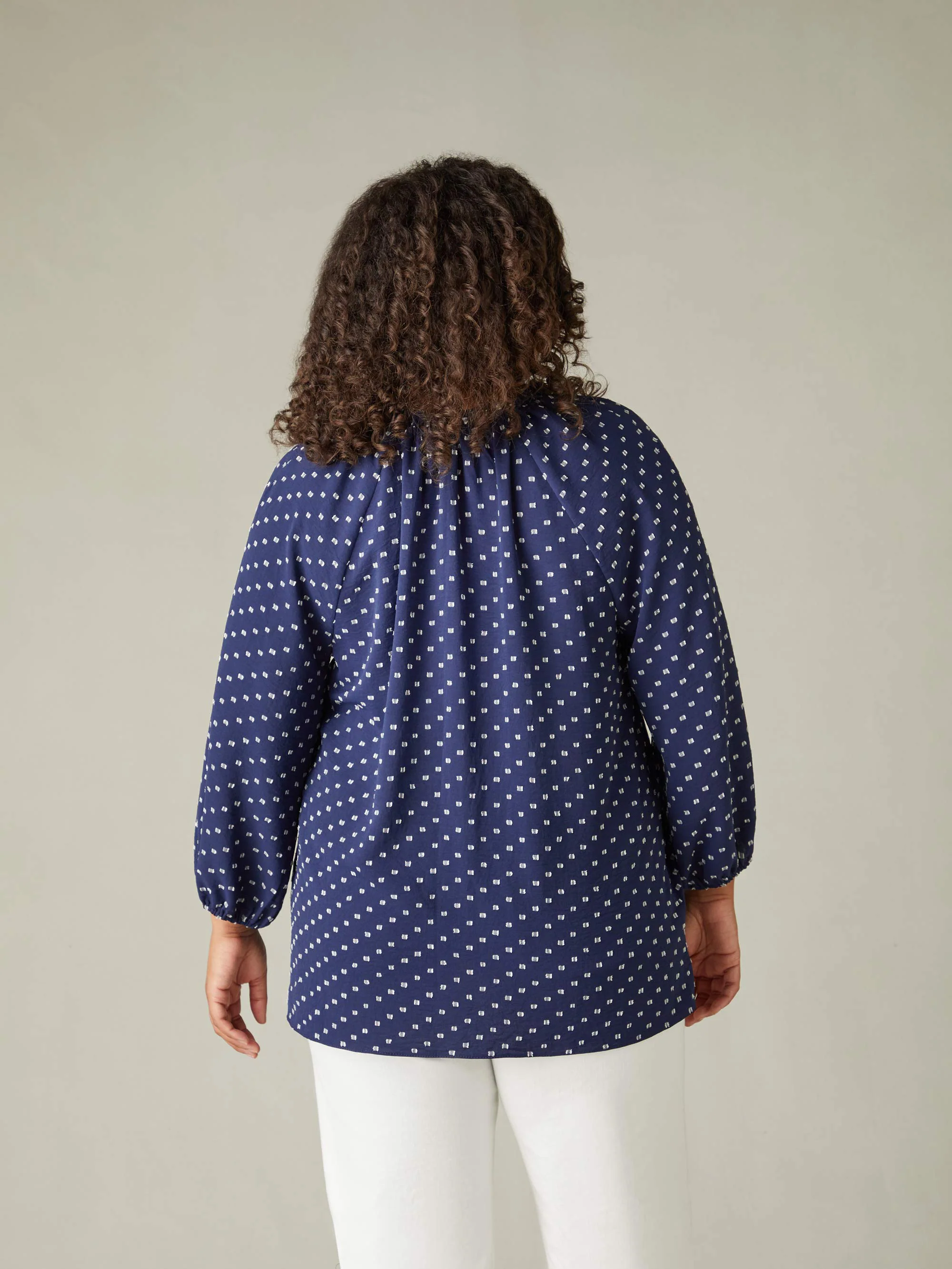 Navy Dobby Ruffle Neck Blouse - Image 4