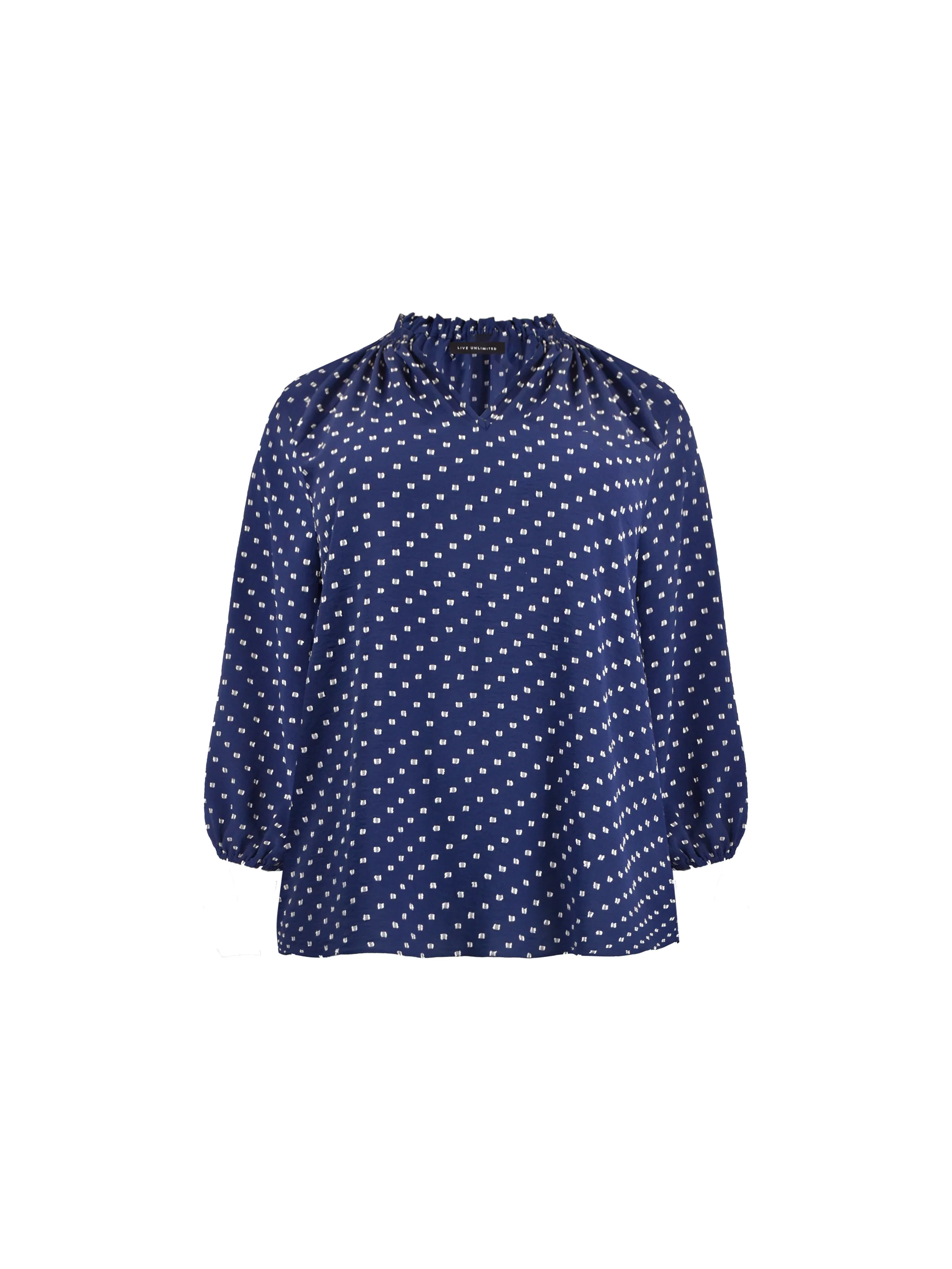Navy Dobby Ruffle Neck Blouse - Image 5