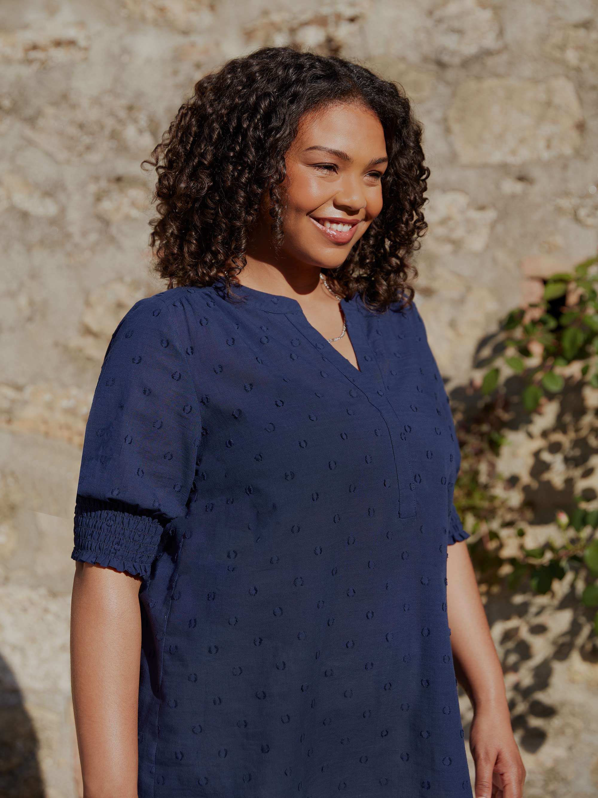 Navy Dobby Short Sleeve Blouse - Image 2
