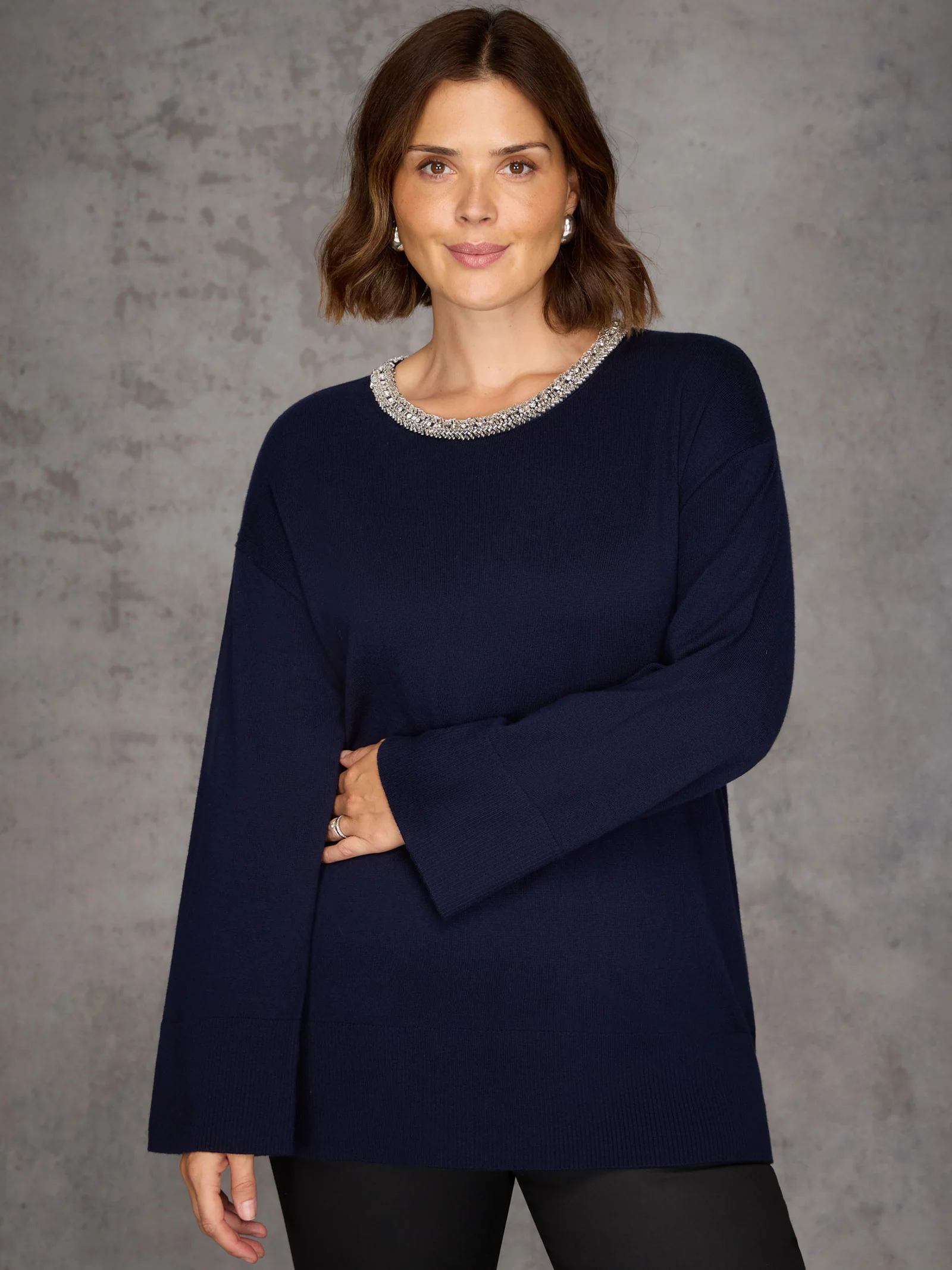 Navy Cashmere-Blend Jumper with Embellished Neckline - Image 2