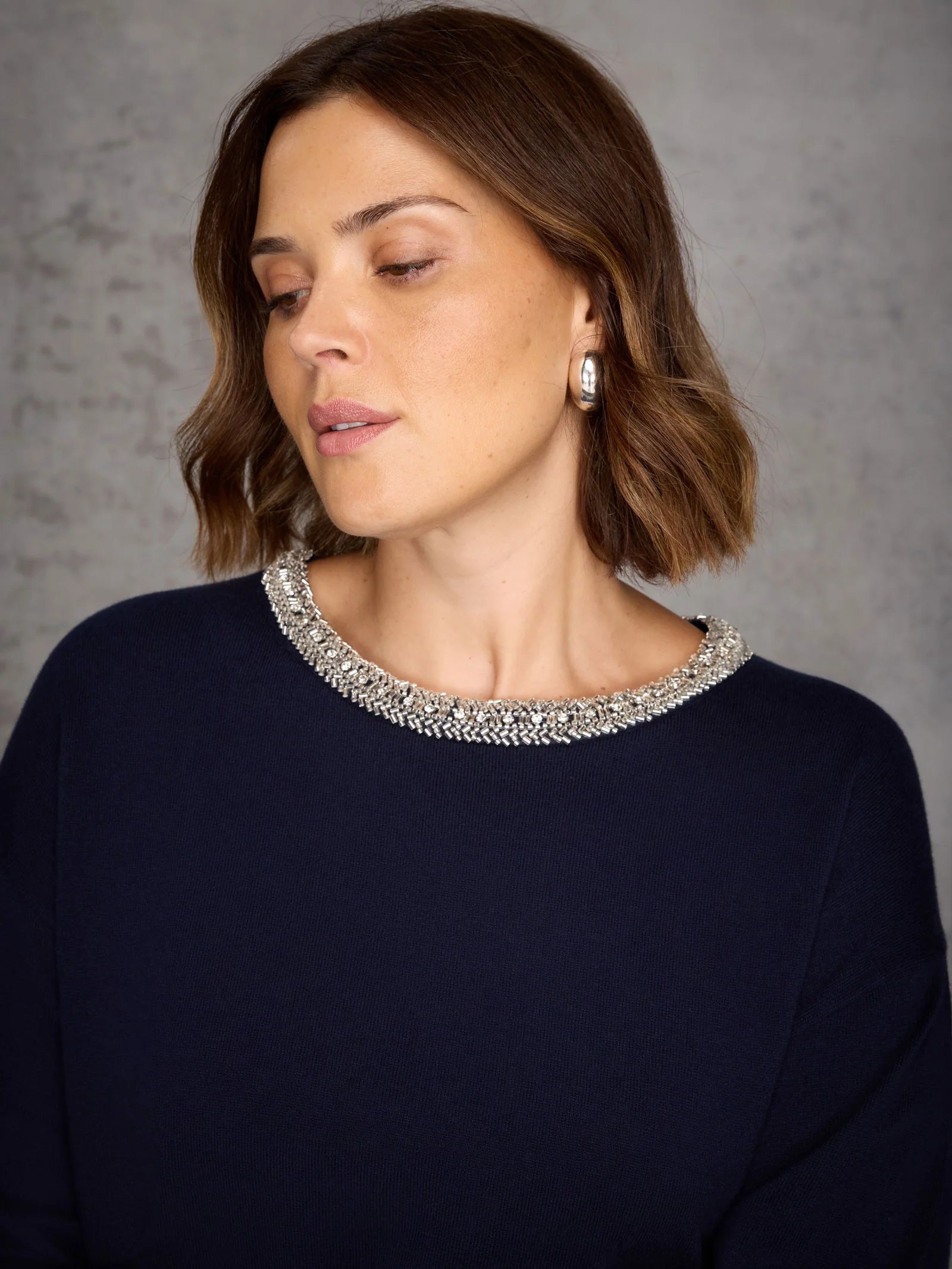 Navy Cashmere-Blend Jumper with Embellished Neckline - Image 3