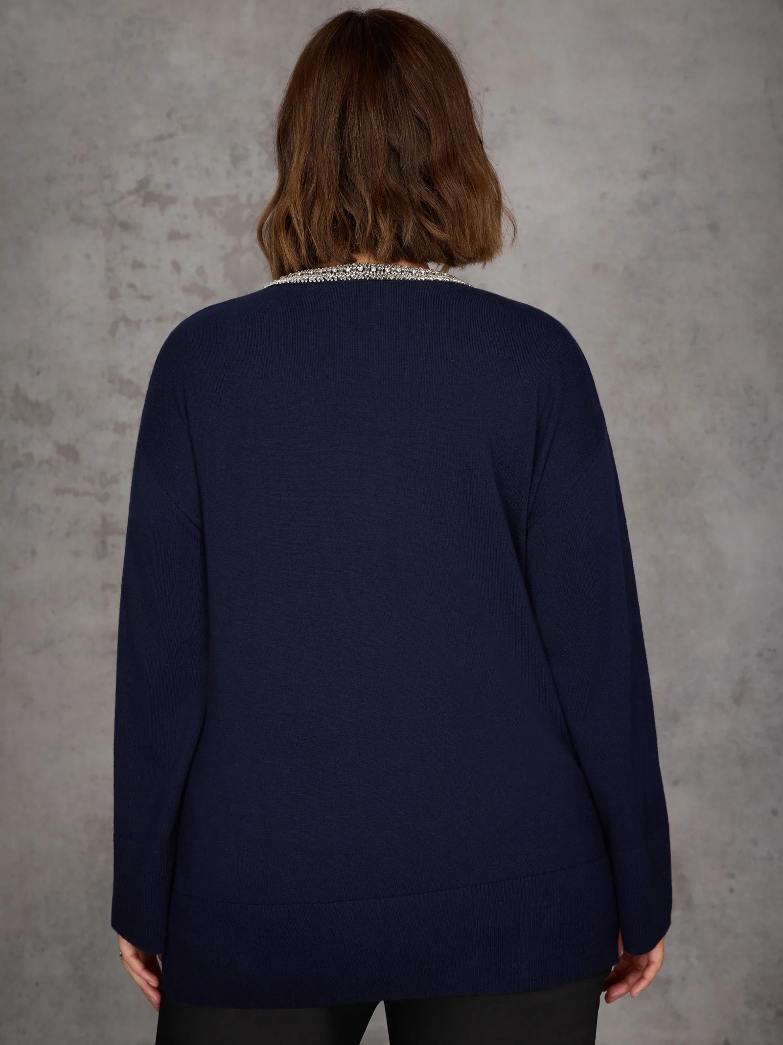 Navy Cashmere-Blend Jumper with Embellished Neckline - Image 4